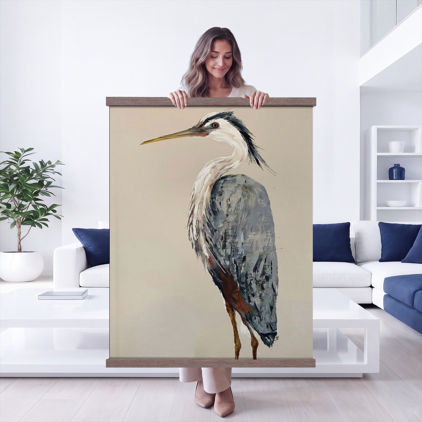 80349996-MGV-TP-24X36 - Great Blue Heron Canvas Wall Art - Coastal Bird Oil Painting Print for Home Wall Decor