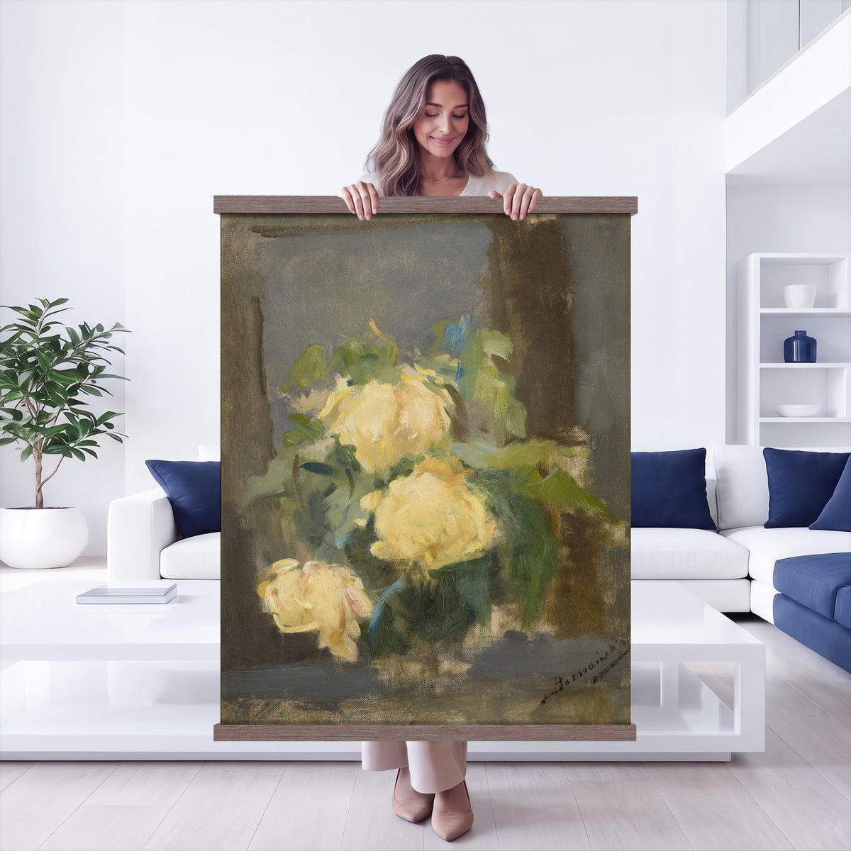 61165615-MGV-TP-24X36 - Impressionism oil painting tapestry wall hanging of "Golden Roses" by Olga Boznanska, showing a loose bunch of golden yellow roses in a glass vase, painted with soft dissolving edges against a warm ground in warm golden-yellow rose petals against a soft muted brown background. Extra large wall art, made in the USA.