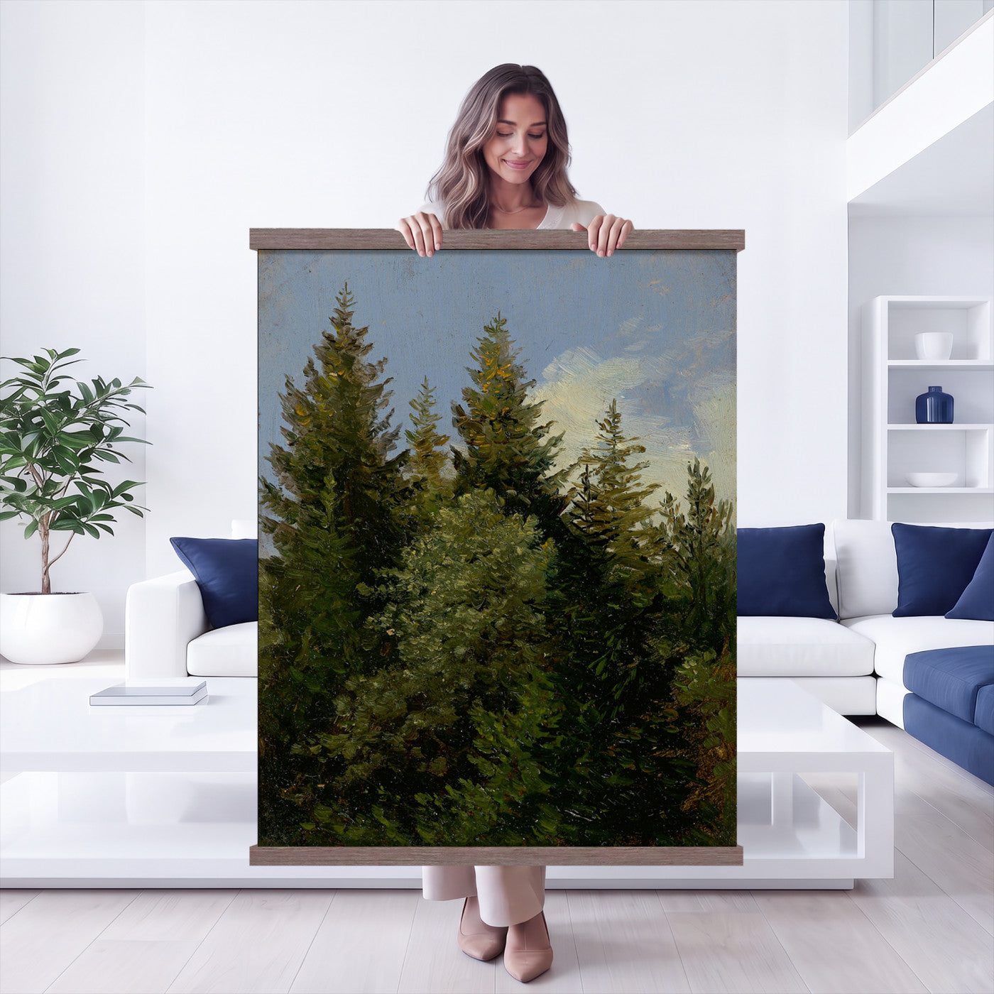 93511960-MGV-TP-24X36 - Realism oil study tapestry wall hanging of "Pine Tree Study" by Ivan Shishkin, showing a single towering pine studied in close detail, with heavy needled branches and rough bark against open forest light in deep evergreen needles and warm red-brown bark under soft daylight. Extra large wall art, made in the USA.