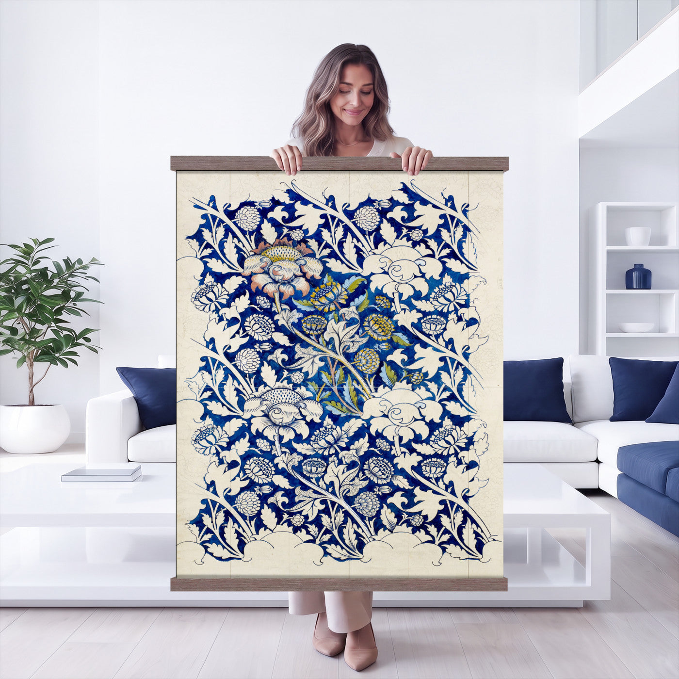 17718362-MGV-TP-24X36 - William Morris Windrush Tapestry, Indigo Blue Floral Wall Hanging Blanket, Art Nouveau Flower Pattern Art, Vintage Arts Crafts Room Gift