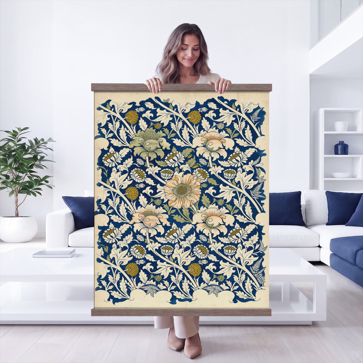 29604070-MGV-TP-24X36 - William Morris Style Botanical Tapestry Wall Art, Vintage Arts Crafts Blue Floral Fabric Hanging, Antique Indigo Flower Living Room Decor