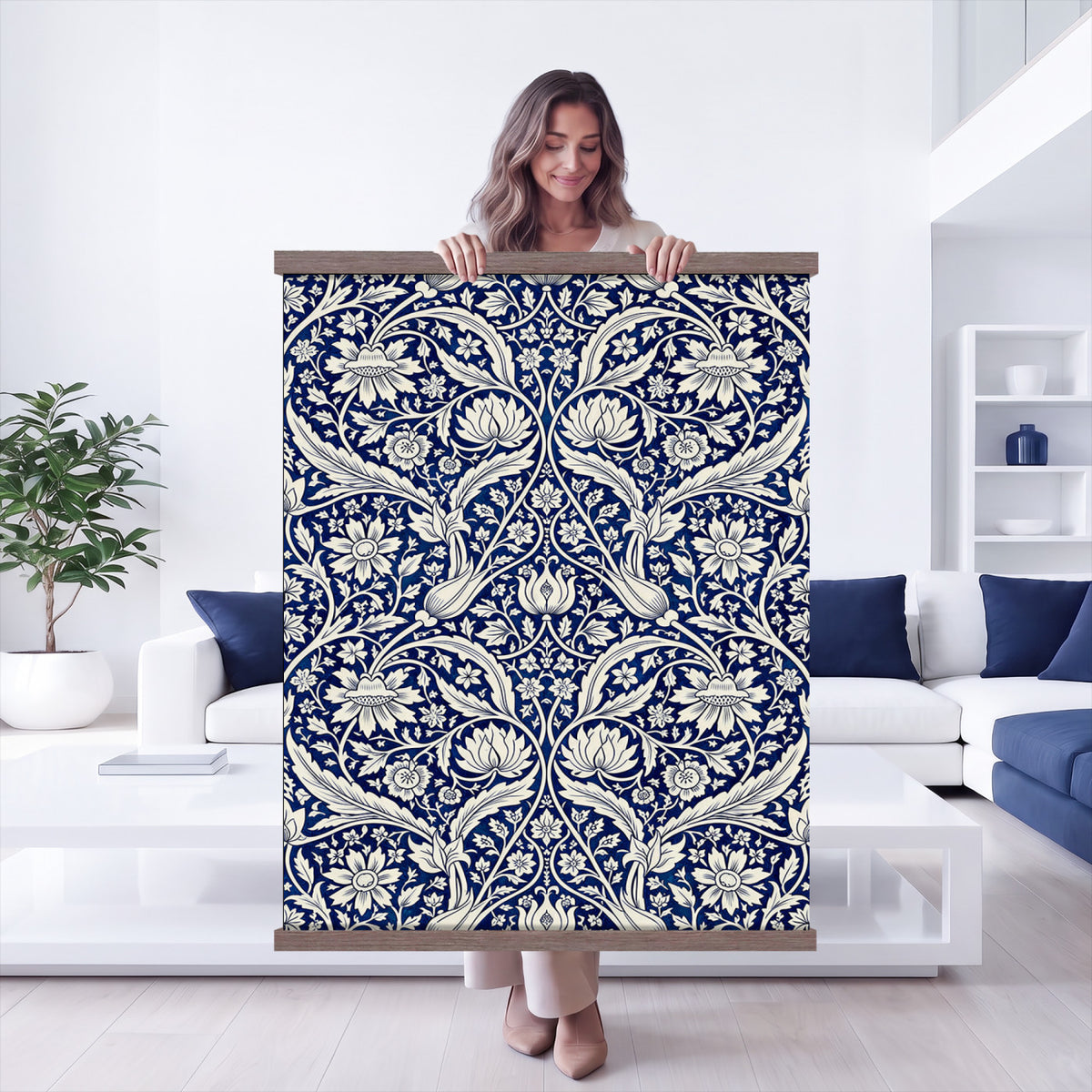 50161276-MGV-TP-24X36 - Art Nouveau pattern design tapestry wall hanging of "Indigo Botanical Pattern" by William Morris, showing trailing indigo stems, open blossoms and curling leaves repeating across the full width in deep indigo and cobalt blue with soft cream linework. Extra large wall art, made in the USA.