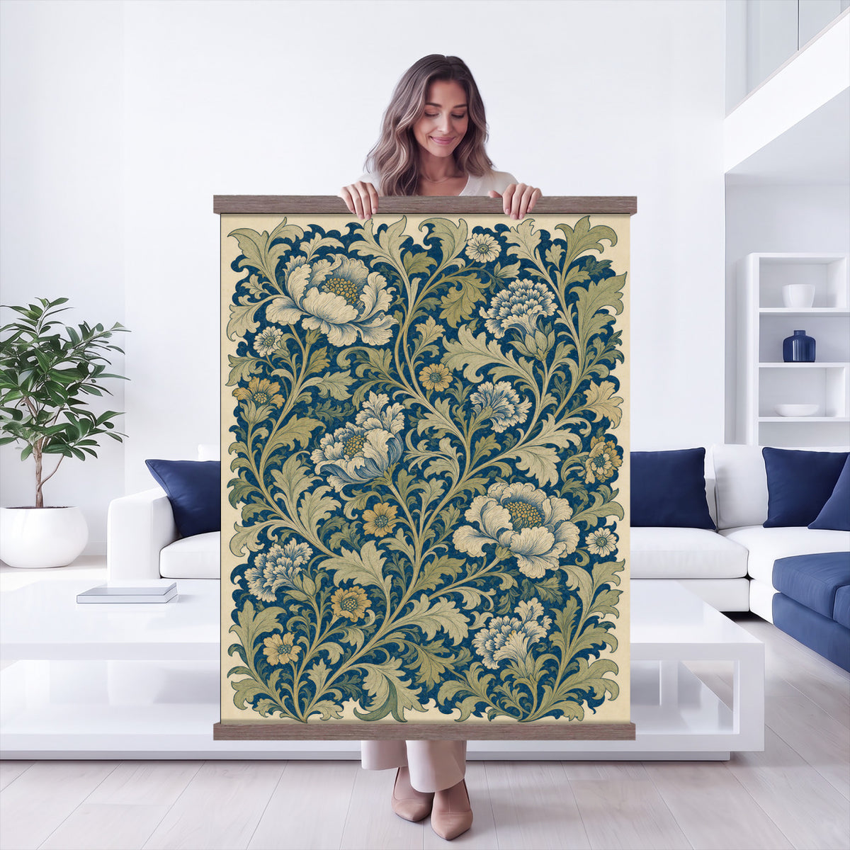 73280146-MGV-TP-24X36 - Art Nouveau pattern design tapestry wall hanging of "Sage Botanical Pattern" by William Morris, showing sage green stems, open flowers and layered foliage repeating in a balanced botanical weave in sage and olive green with soft cream botanical linework. Extra large wall art, made in the USA.
