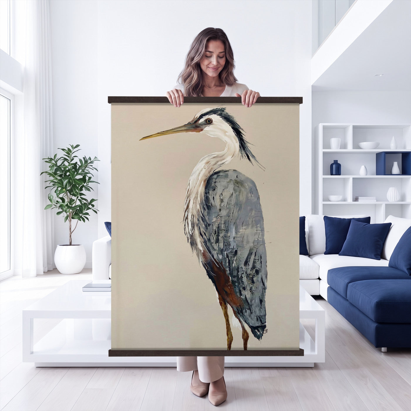 80349996-MGV-TP-24X36 - Great Blue Heron Canvas Wall Art - Coastal Bird Oil Painting Print for Home Wall Decor
