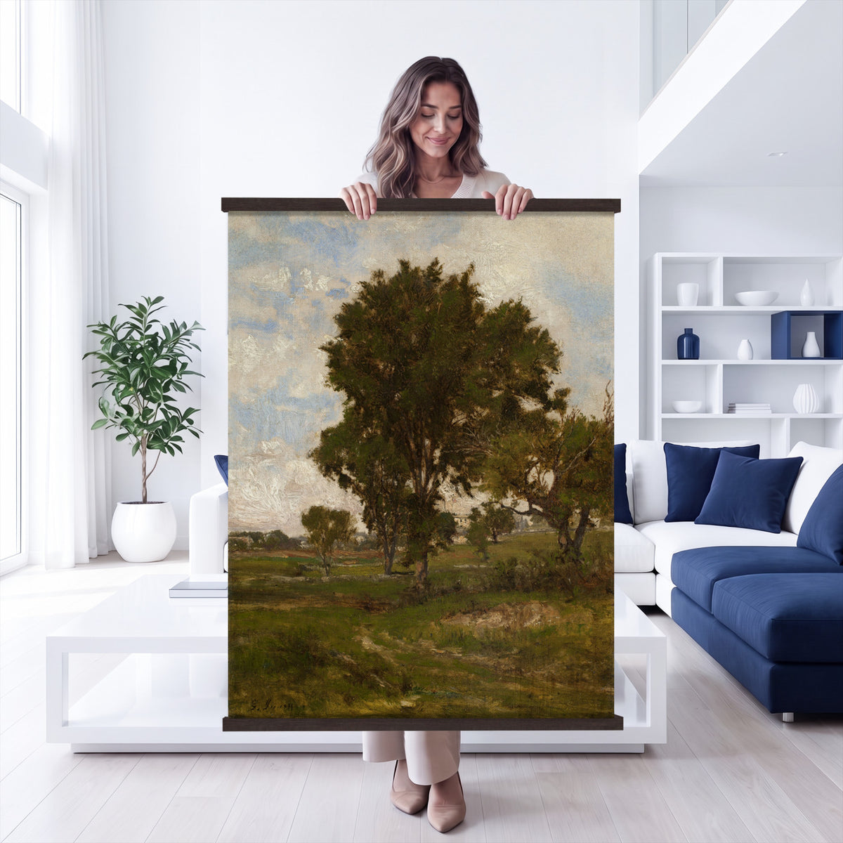 96279232-MGV-TP-24X36 - Realism oil study tapestry wall hanging of "Pine Tree Study" by Ivan Shishkin, showing a single towering pine studied in close detail, with heavy needled branches and rough bark against open forest light in deep evergreen needles and warm red-brown bark under soft daylight. Extra large wall art, made in the USA.