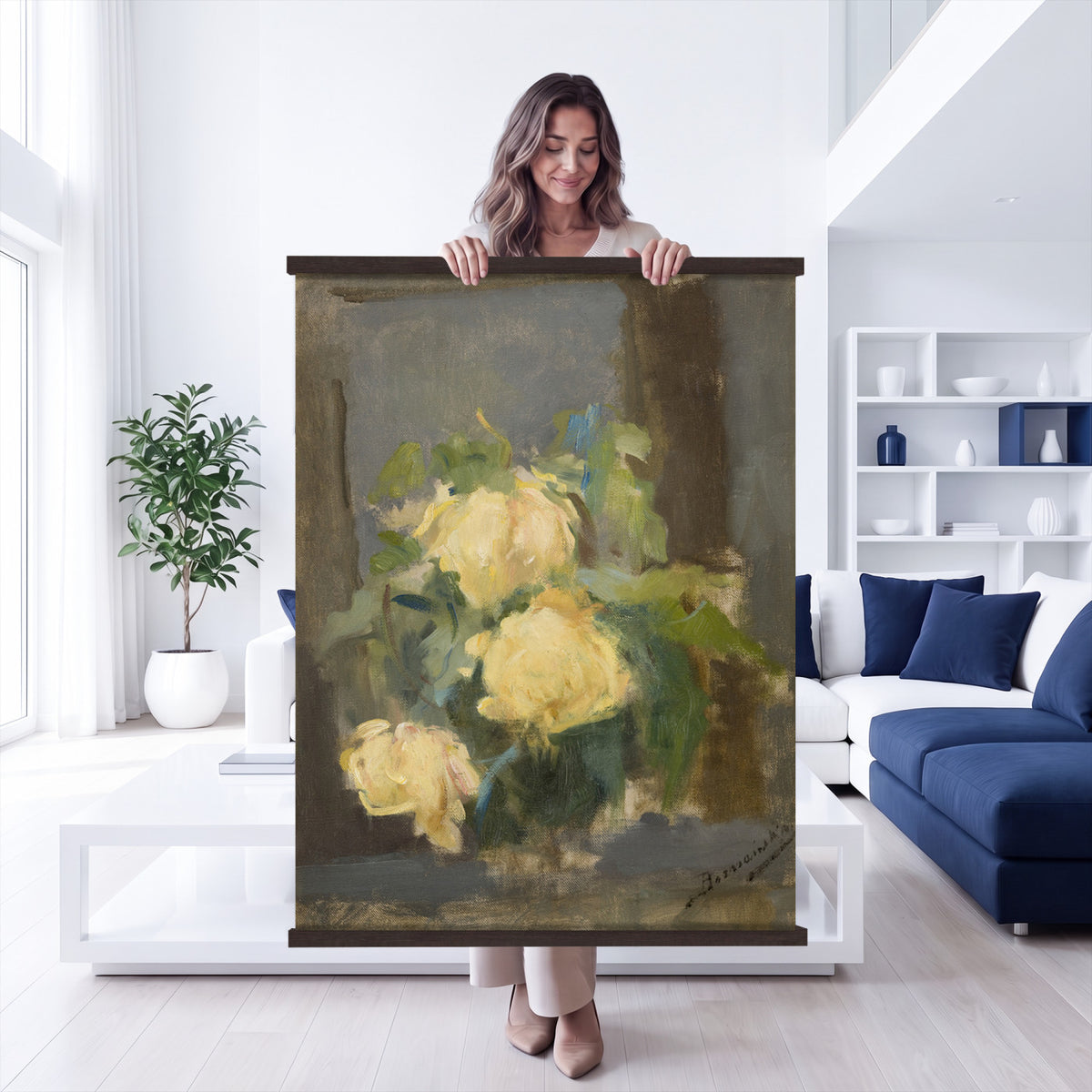 61165615-MGV-TP-24X36 - Impressionism oil painting tapestry wall hanging of "Golden Roses" by Olga Boznanska, showing a loose bunch of golden yellow roses in a glass vase, painted with soft dissolving edges against a warm ground in warm golden-yellow rose petals against a soft muted brown background. Extra large wall art, made in the USA.