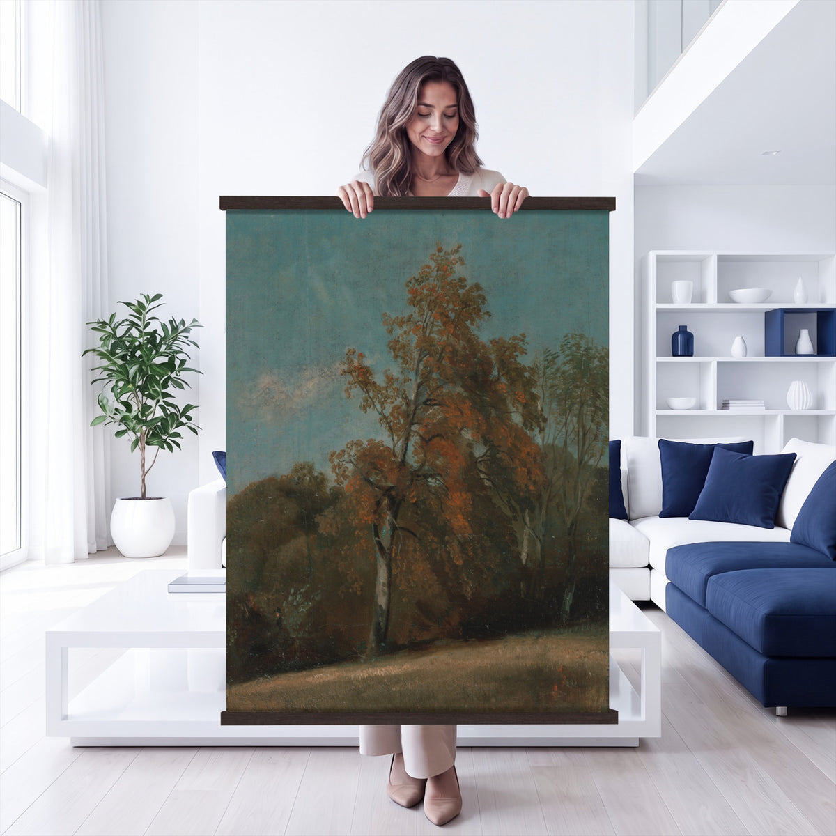 36386230-MGV-TP-24X36 - Realism oil study tapestry wall hanging of "Pine Tree Study" by Ivan Shishkin, showing a single towering pine studied in close detail, with heavy needled branches and rough bark against open forest light in deep evergreen needles and warm red-brown bark under soft daylight. Extra large wall art, made in the USA.
