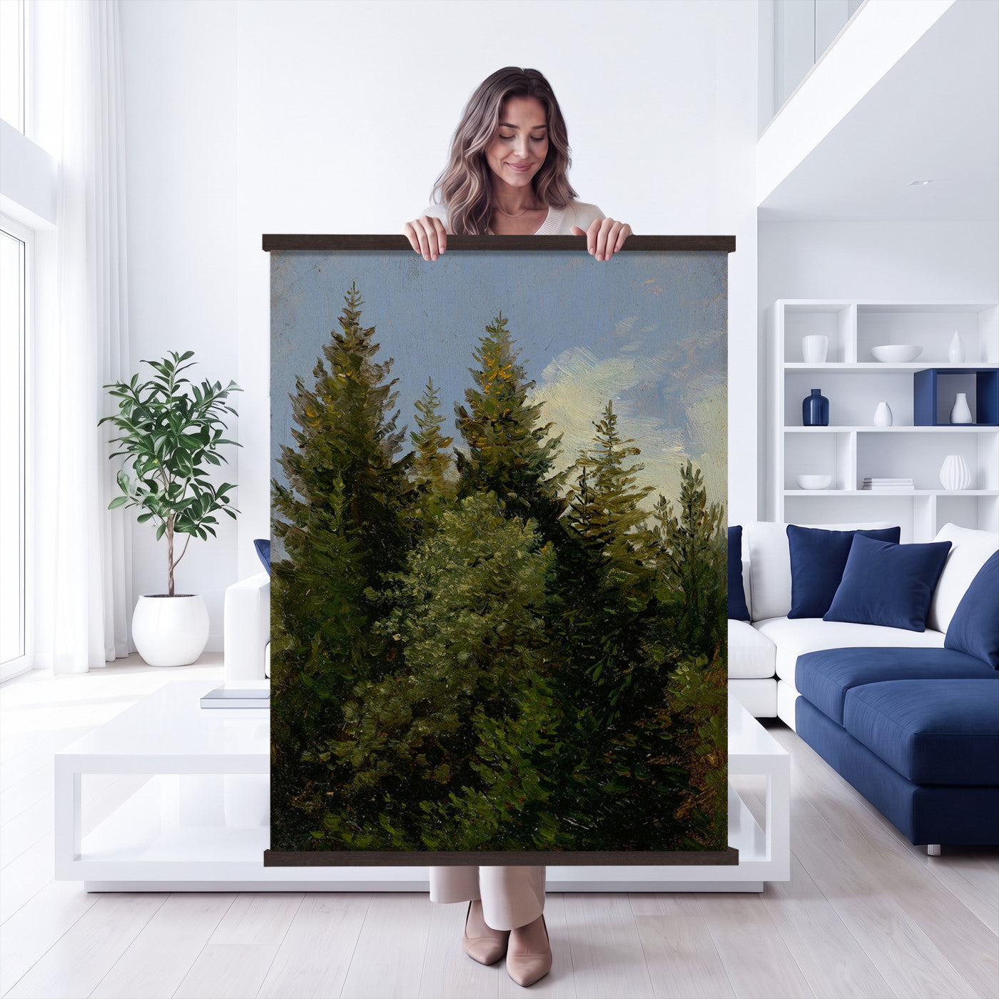 93511960-MGV-TP-24X36 - Realism oil study tapestry wall hanging of "Pine Tree Study" by Ivan Shishkin, showing a single towering pine studied in close detail, with heavy needled branches and rough bark against open forest light in deep evergreen needles and warm red-brown bark under soft daylight. Extra large wall art, made in the USA.