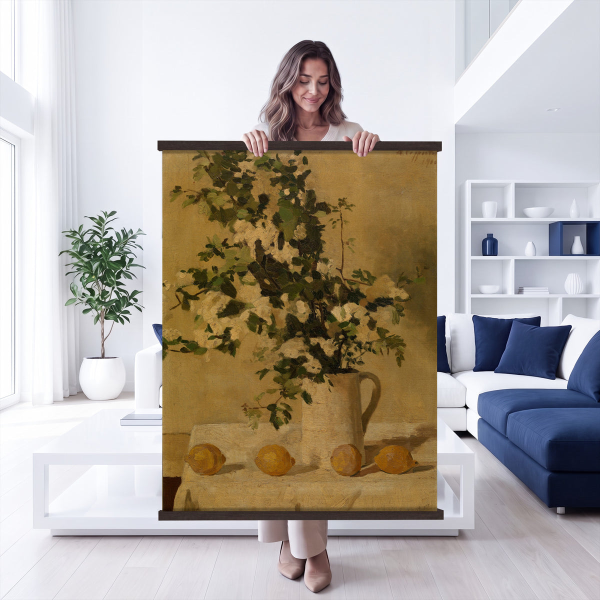 64966890-MGV-TP-24X36 - Still Life oil painting tapestry wall hanging of "Lemons and White Flowers", showing bright lemons beside a vase of white blooms on a plain table, lit softly from one side in warm yellow lemons and white petals against a soft neutral ground. Extra large wall art, made in the USA.