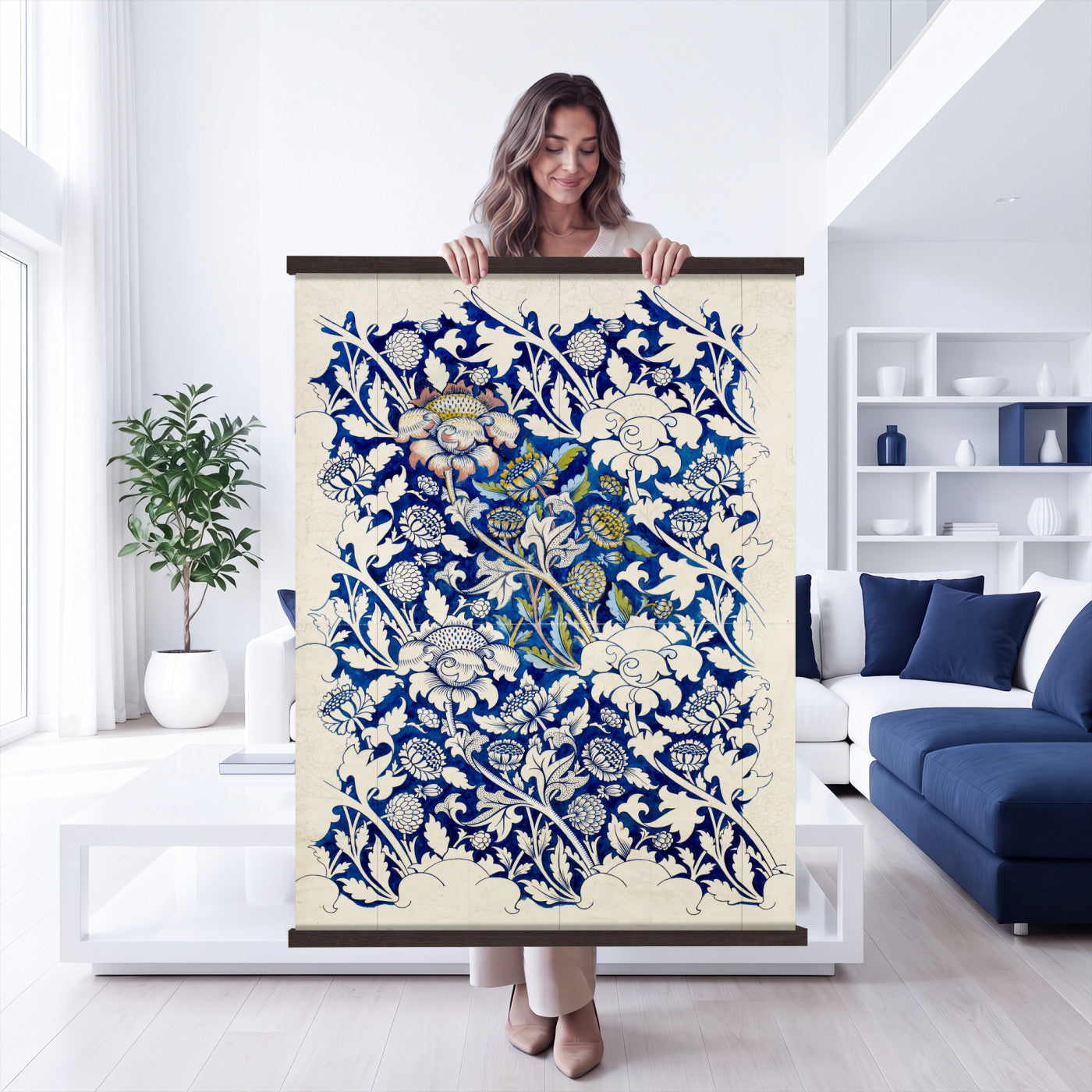 17718362-MGV-TP-24X36 - William Morris Windrush Tapestry, Indigo Blue Floral Wall Hanging Blanket, Art Nouveau Flower Pattern Art, Vintage Arts Crafts Room Gift