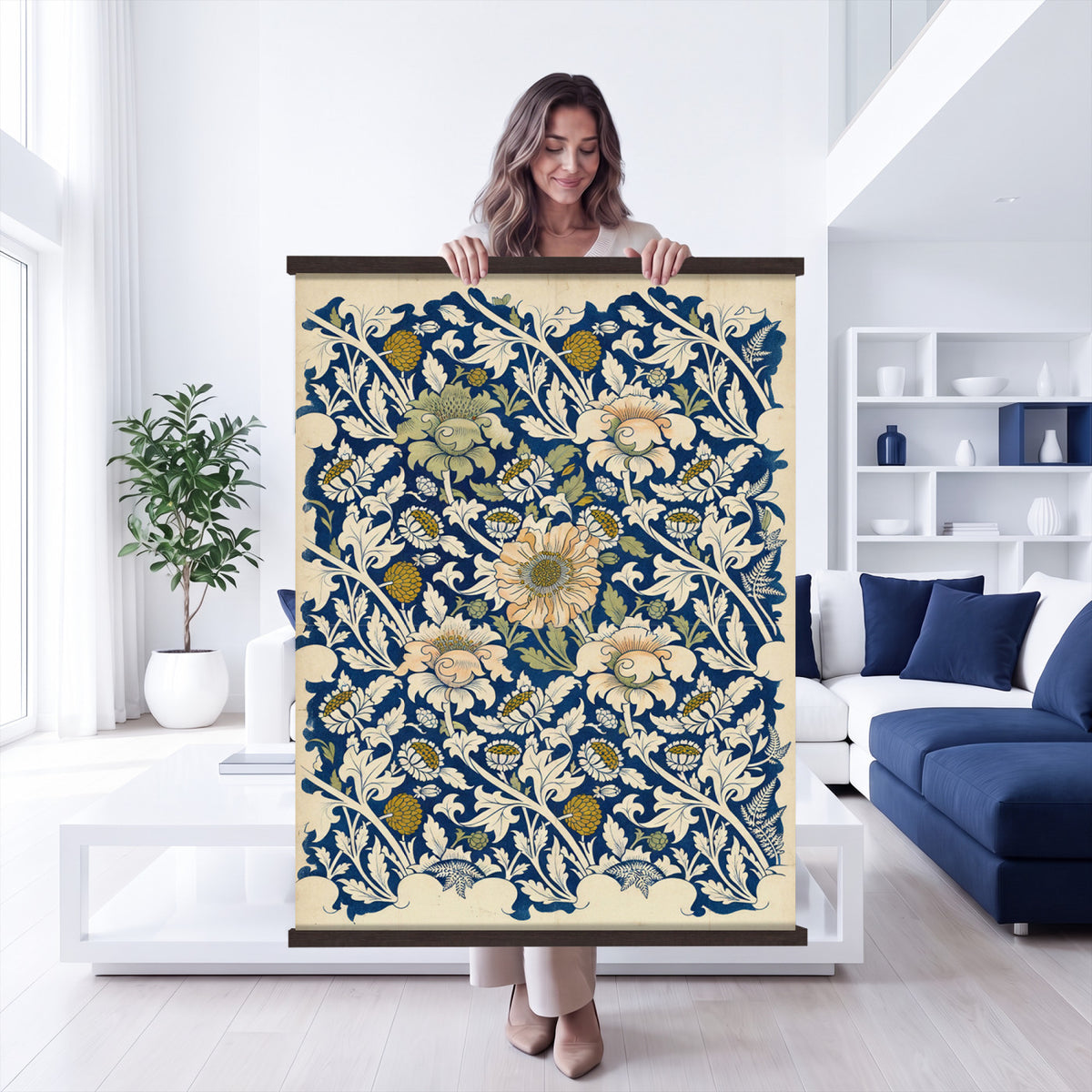 29604070-MGV-TP-24X36 - William Morris Style Botanical Tapestry Wall Art, Vintage Arts Crafts Blue Floral Fabric Hanging, Antique Indigo Flower Living Room Decor