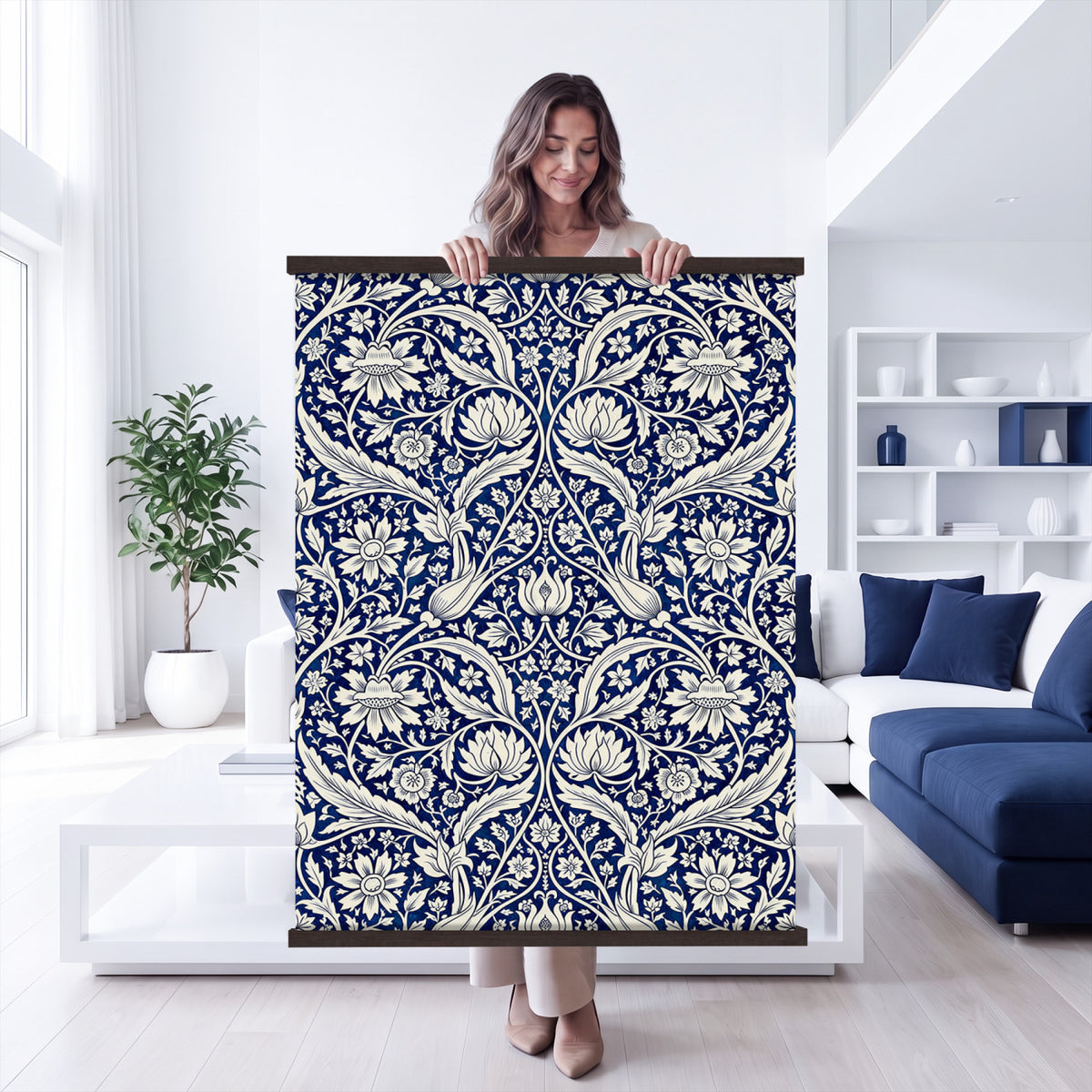 50161276-MGV-TP-24X36 - Art Nouveau pattern design tapestry wall hanging of "Indigo Botanical Pattern" by William Morris, showing trailing indigo stems, open blossoms and curling leaves repeating across the full width in deep indigo and cobalt blue with soft cream linework. Extra large wall art, made in the USA.