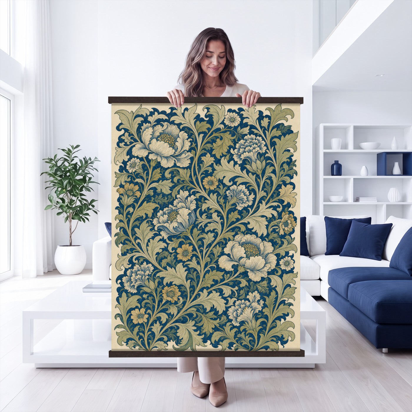 73280146-MGV-TP-24X36 - Art Nouveau pattern design tapestry wall hanging of "Sage Botanical Pattern" by William Morris, showing sage green stems, open flowers and layered foliage repeating in a balanced botanical weave in sage and olive green with soft cream botanical linework. Extra large wall art, made in the USA.
