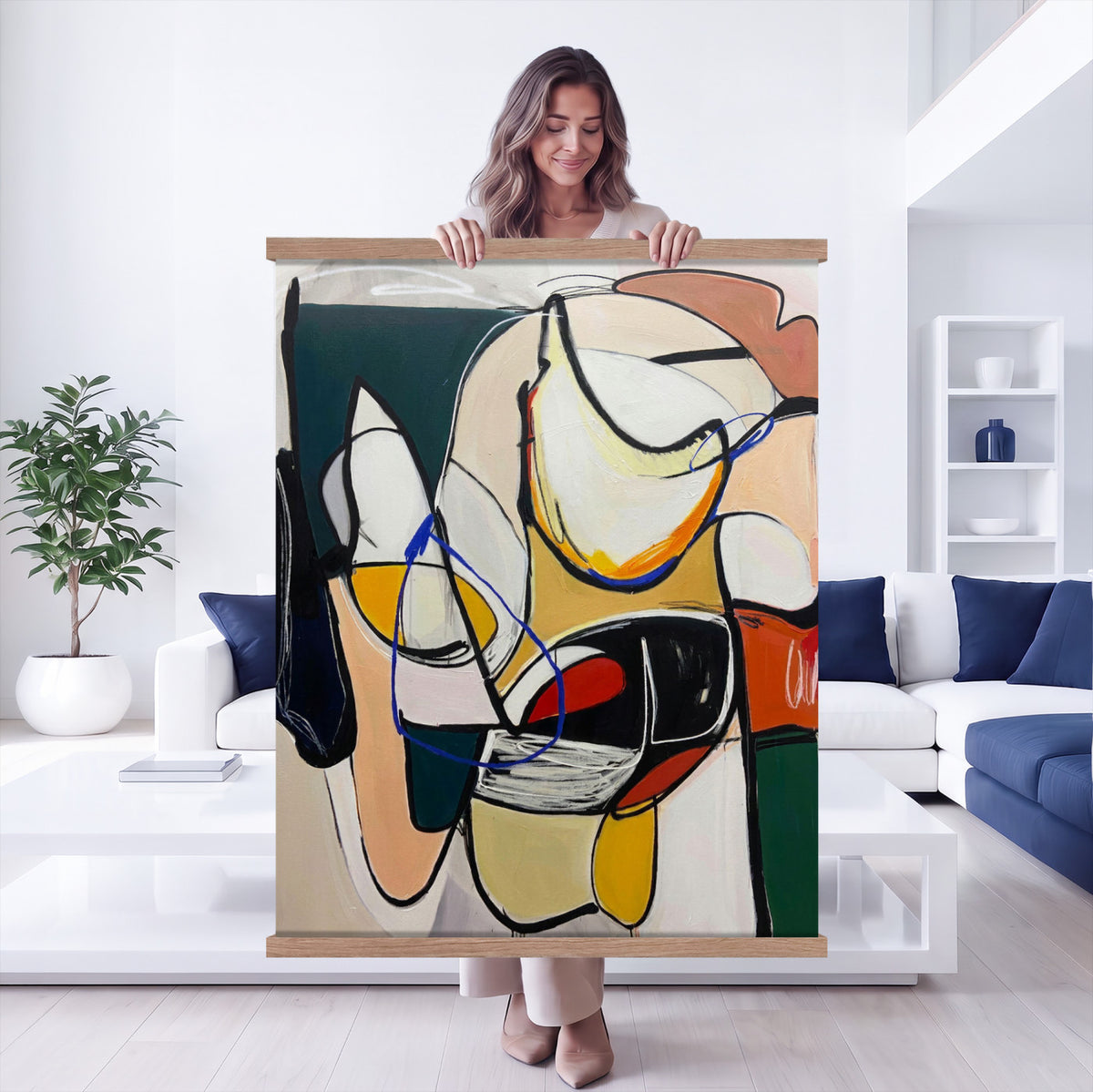78751462-MGV-TP-24X36 - Mid Century Modern Abstract Canvas Wall Art Colorful Cubist Painting Print