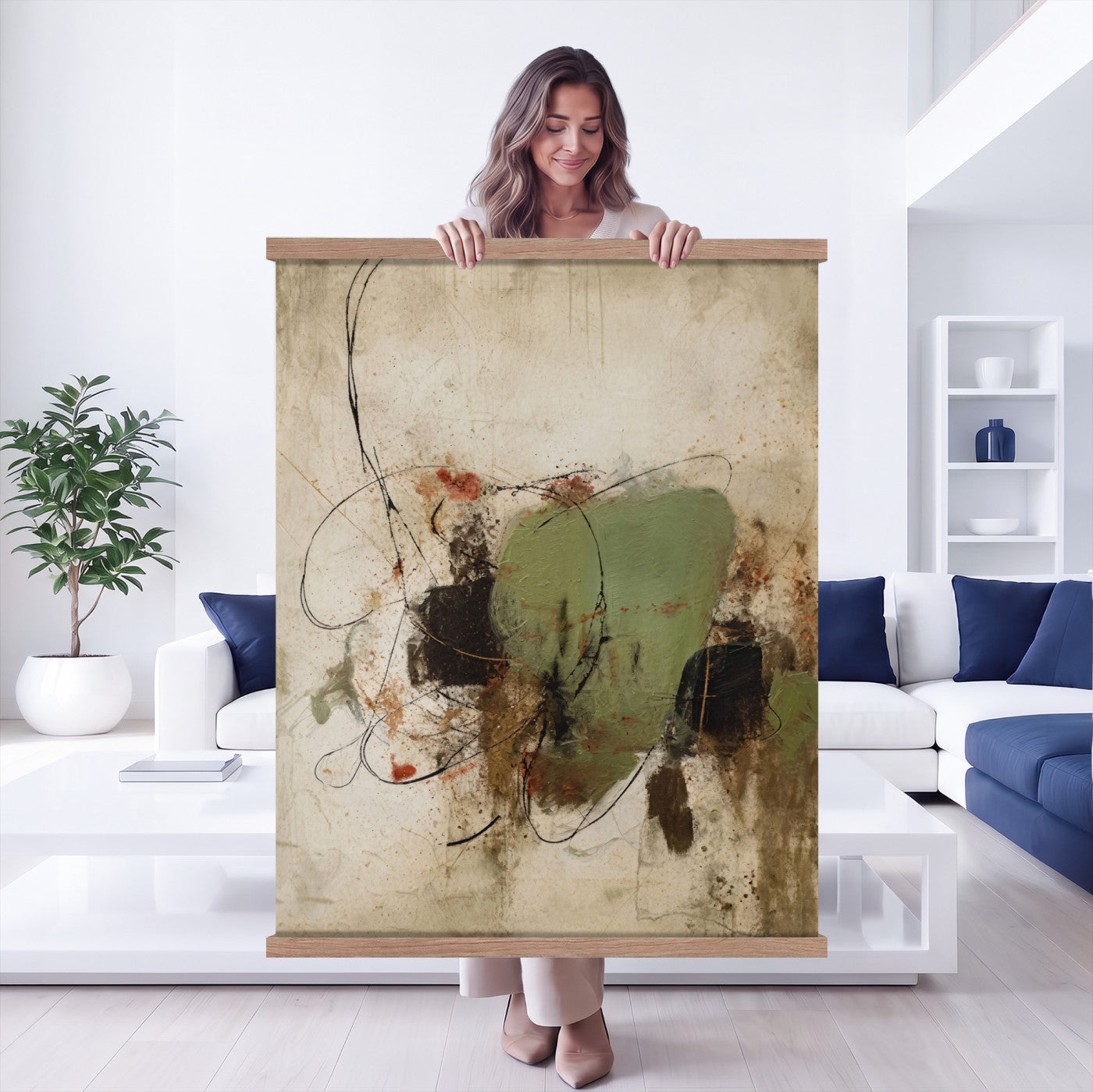 18219840-MGV-TP-24X36 - Sage Green Abstract Canvas Wall Art Textured Neutral Mixed Media Print for Home Decor