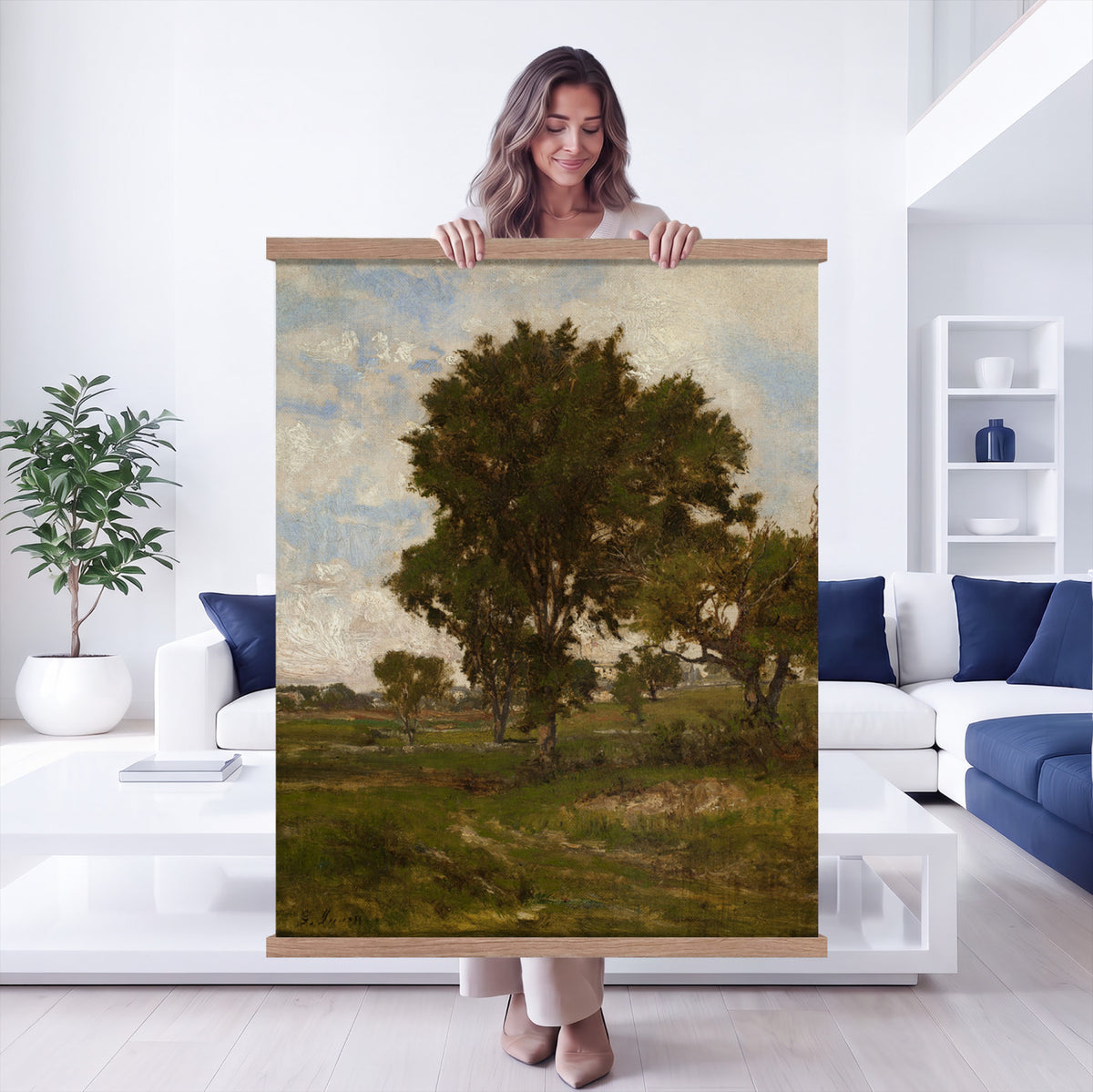 96279232-MGV-TP-24X36 - Realism oil study tapestry wall hanging of "Pine Tree Study" by Ivan Shishkin, showing a single towering pine studied in close detail, with heavy needled branches and rough bark against open forest light in deep evergreen needles and warm red-brown bark under soft daylight. Extra large wall art, made in the USA.