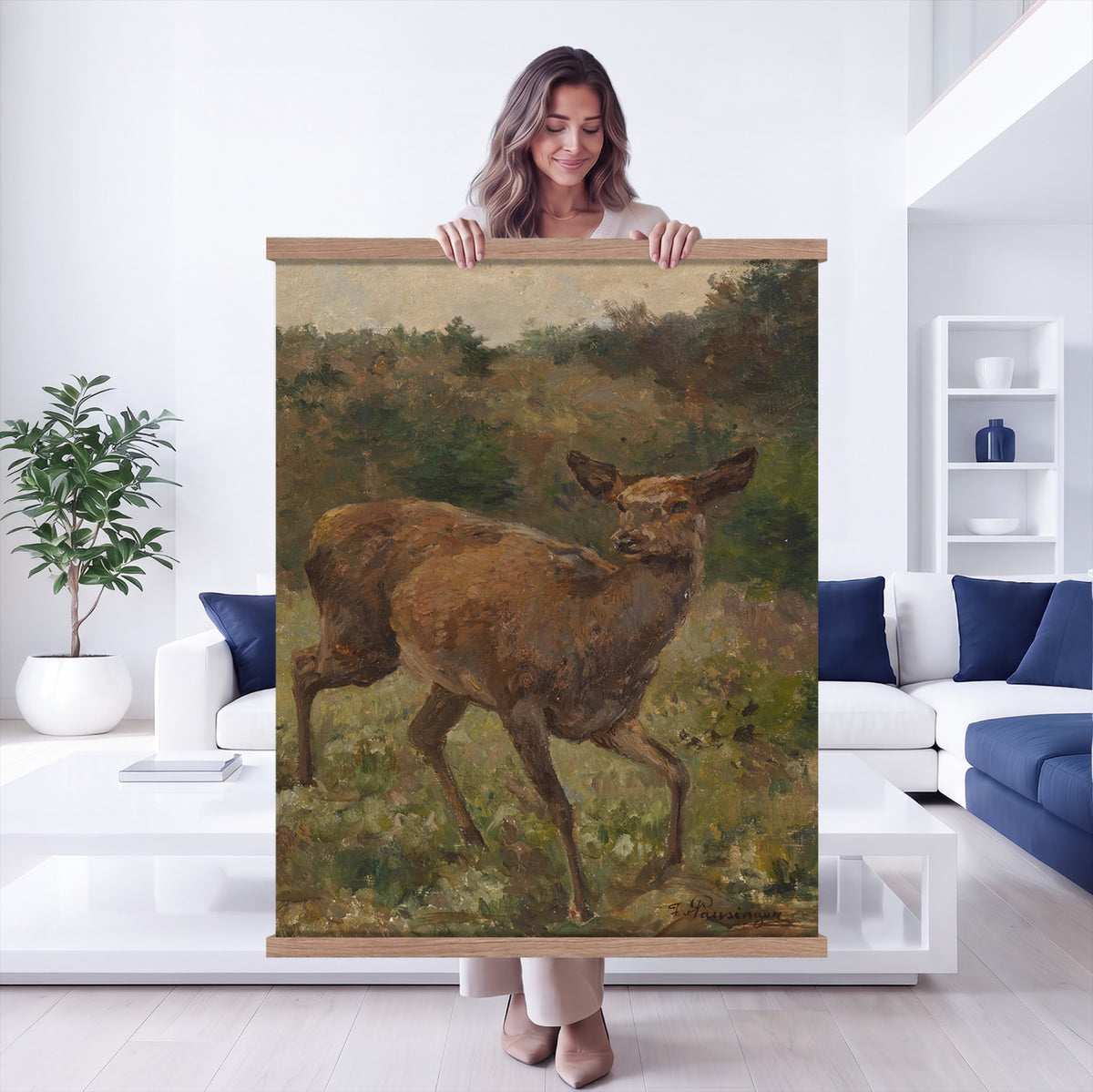 33154634-MGV-TP-24X36 - Realism oil painting tapestry wall hanging of "Rotwild" by Franz Xaver von Pausinger, showing a herd of red deer resting in a quiet clearing, tall grasses, and dark forest edges fading into soft light in warm russet deer coats against deep forest green and golden grass. Extra large wall art, made in the USA.