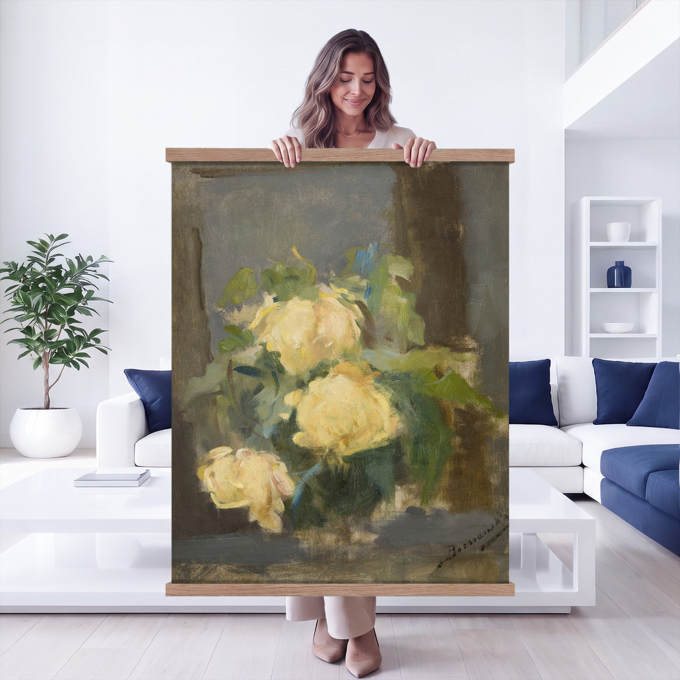 61165615-MGV-TP-24X36 - Impressionism oil painting tapestry wall hanging of "Golden Roses" by Olga Boznanska, showing a loose bunch of golden yellow roses in a glass vase, painted with soft dissolving edges against a warm ground in warm golden-yellow rose petals against a soft muted brown background. Extra large wall art, made in the USA.