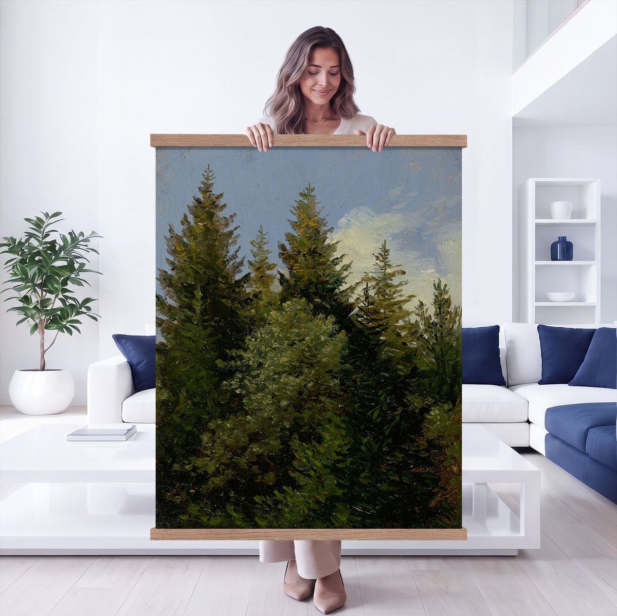 93511960-MGV-TP-24X36 - Realism oil study tapestry wall hanging of "Pine Tree Study" by Ivan Shishkin, showing a single towering pine studied in close detail, with heavy needled branches and rough bark against open forest light in deep evergreen needles and warm red-brown bark under soft daylight. Extra large wall art, made in the USA.