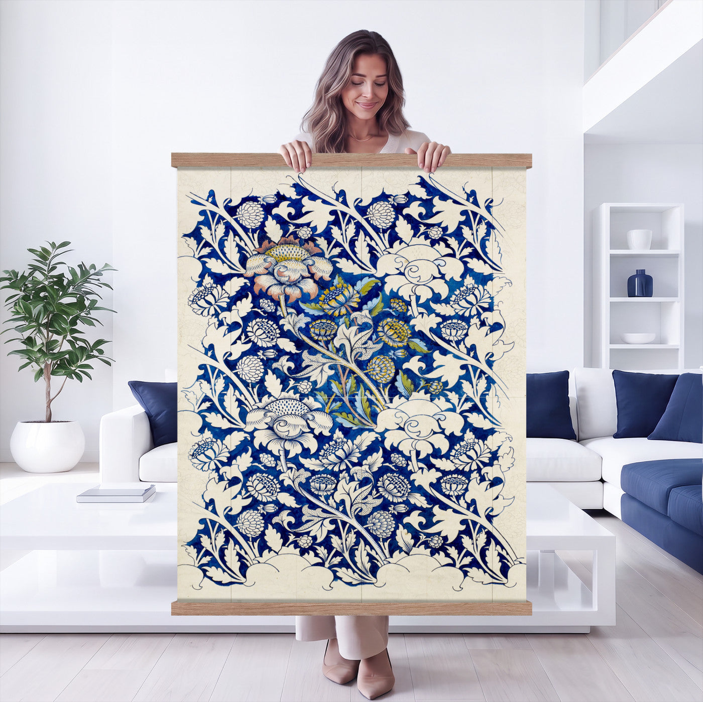 17718362-MGV-TP-24X36 - William Morris Windrush Tapestry, Indigo Blue Floral Wall Hanging Blanket, Art Nouveau Flower Pattern Art, Vintage Arts Crafts Room Gift