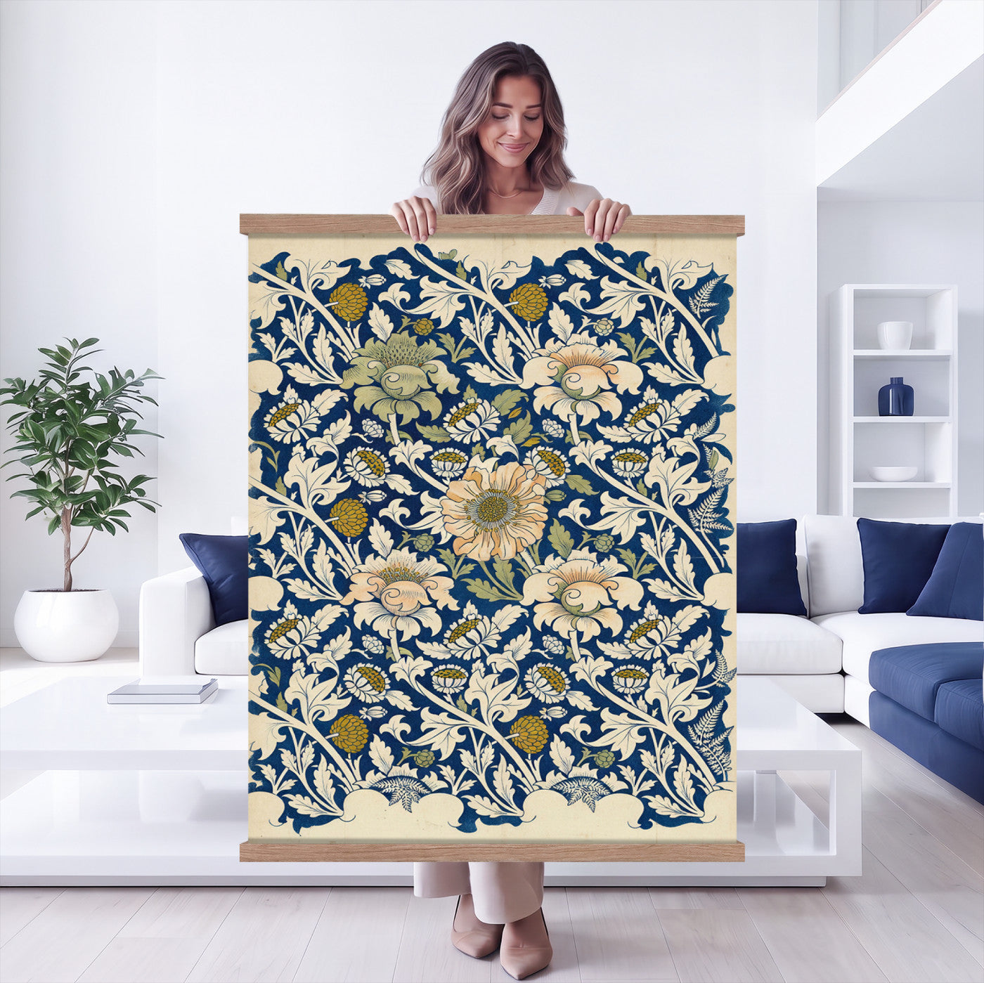 29604070-MGV-TP-24X36 - William Morris Style Botanical Tapestry Wall Art, Vintage Arts Crafts Blue Floral Fabric Hanging, Antique Indigo Flower Living Room Decor