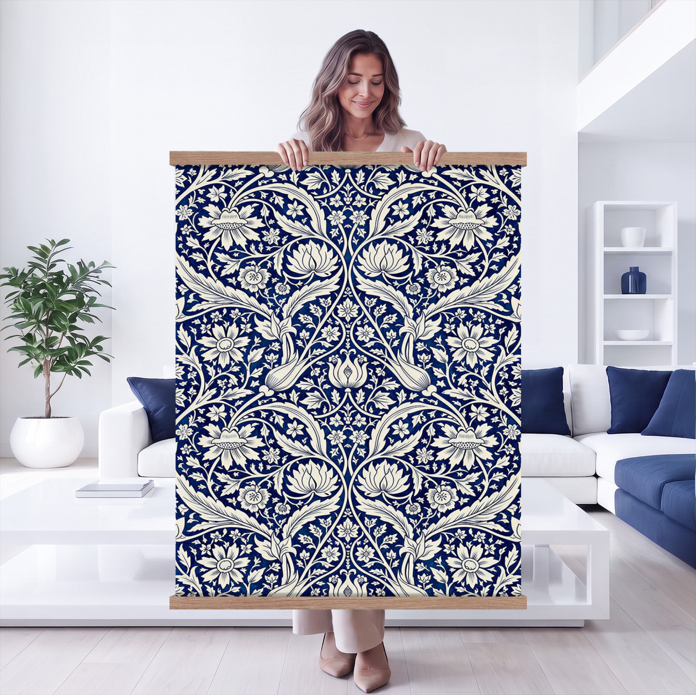 50161276-MGV-TP-24X36 - Art Nouveau pattern design tapestry wall hanging of "Indigo Botanical Pattern" by William Morris, showing trailing indigo stems, open blossoms and curling leaves repeating across the full width in deep indigo and cobalt blue with soft cream linework. Extra large wall art, made in the USA.