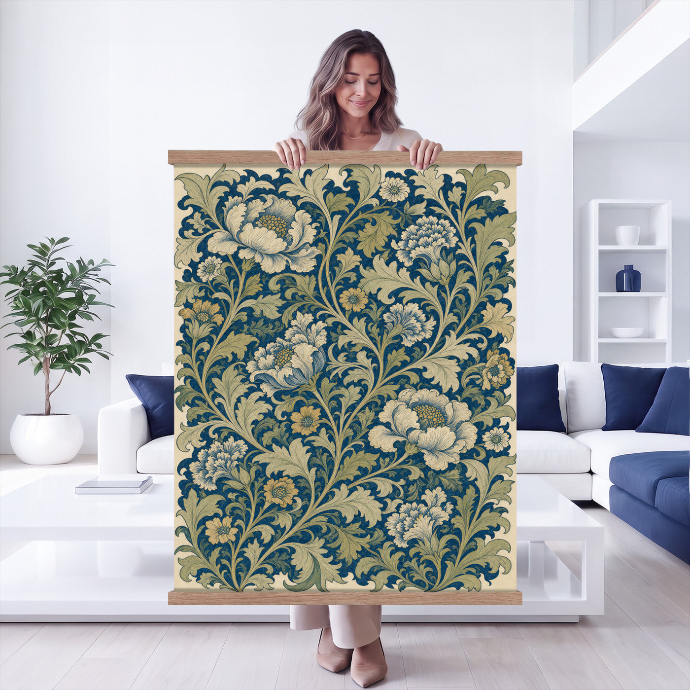 73280146-MGV-TP-24X36 - Art Nouveau pattern design tapestry wall hanging of "Sage Botanical Pattern" by William Morris, showing sage green stems, open flowers and layered foliage repeating in a balanced botanical weave in sage and olive green with soft cream botanical linework. Extra large wall art, made in the USA.