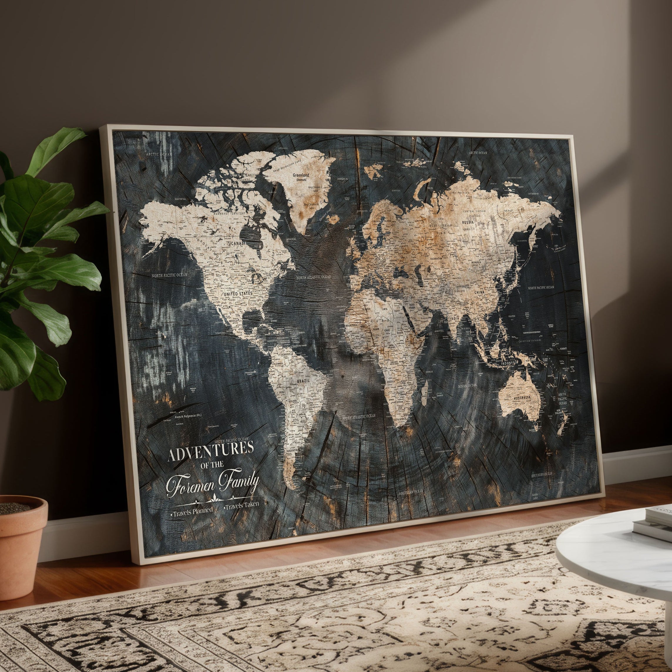 World map poster in a living room setting with a plant and coffee table.