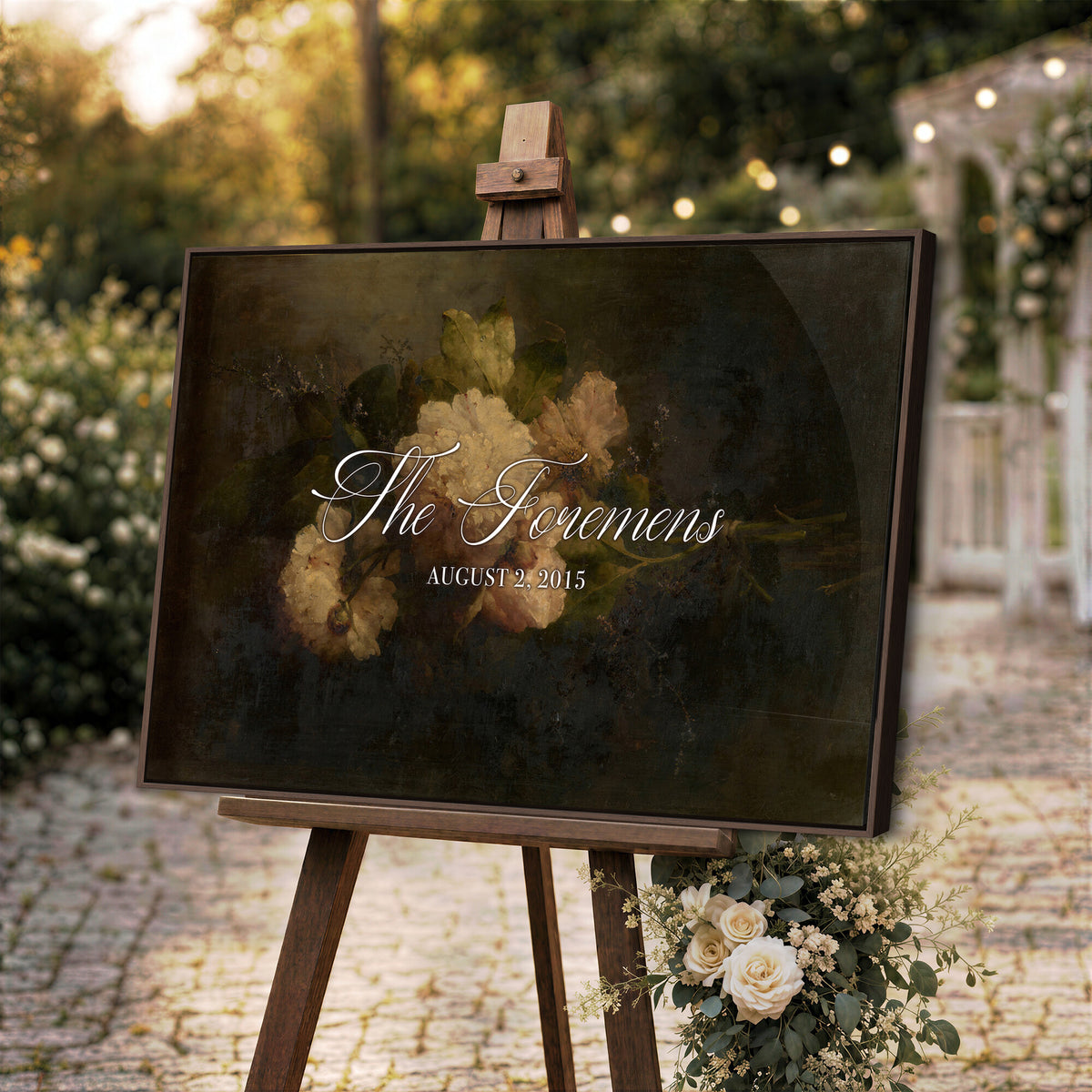 52520004-MCV-HS-36X24 - Personalized Family Name Sign | Cream Blooms Vintage Floral Canvas | Wedding Gift