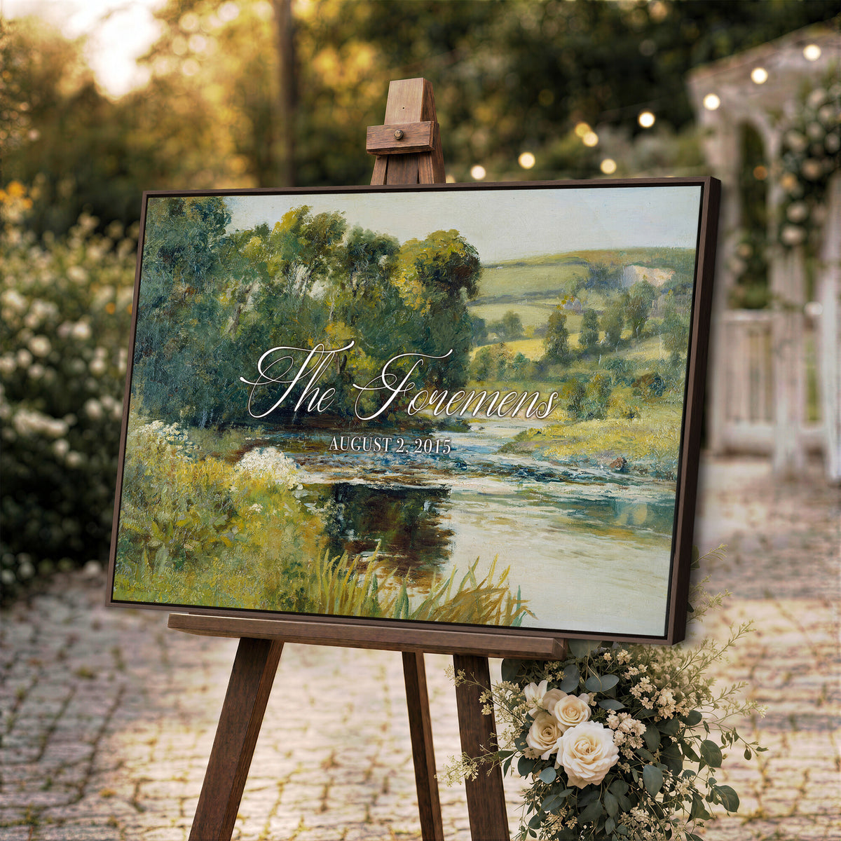 70450758-MCV-HS-36X24 - Wedding Easel Sign | Personalized Countryside Stream Vintage Canvas | Framed Welcome Sign for Ceremony