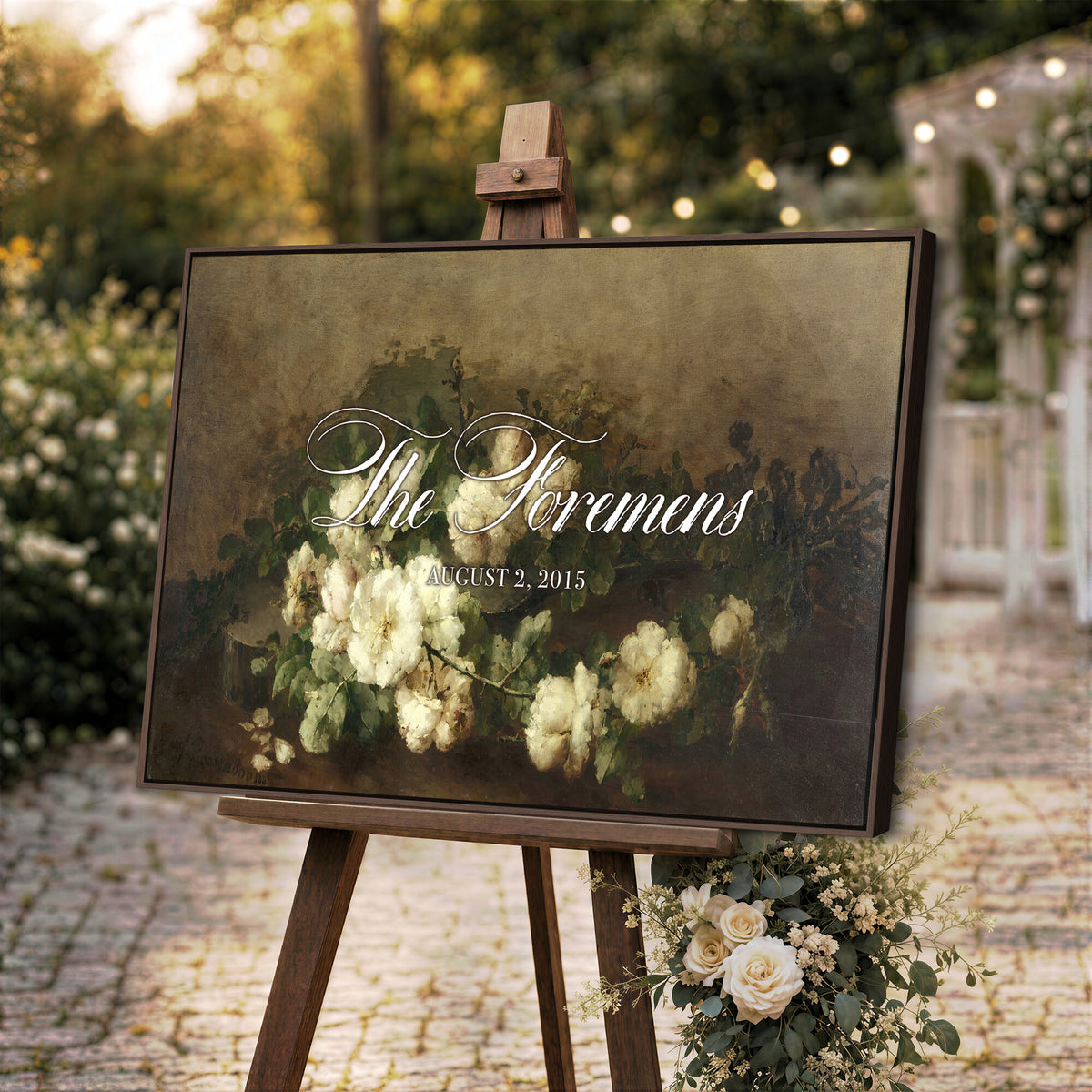60065718-MCV-HS-36X24 - Wedding Easel Sign | Personalized White Peonies Vintage Canvas | Framed Welcome Sign for Ceremony