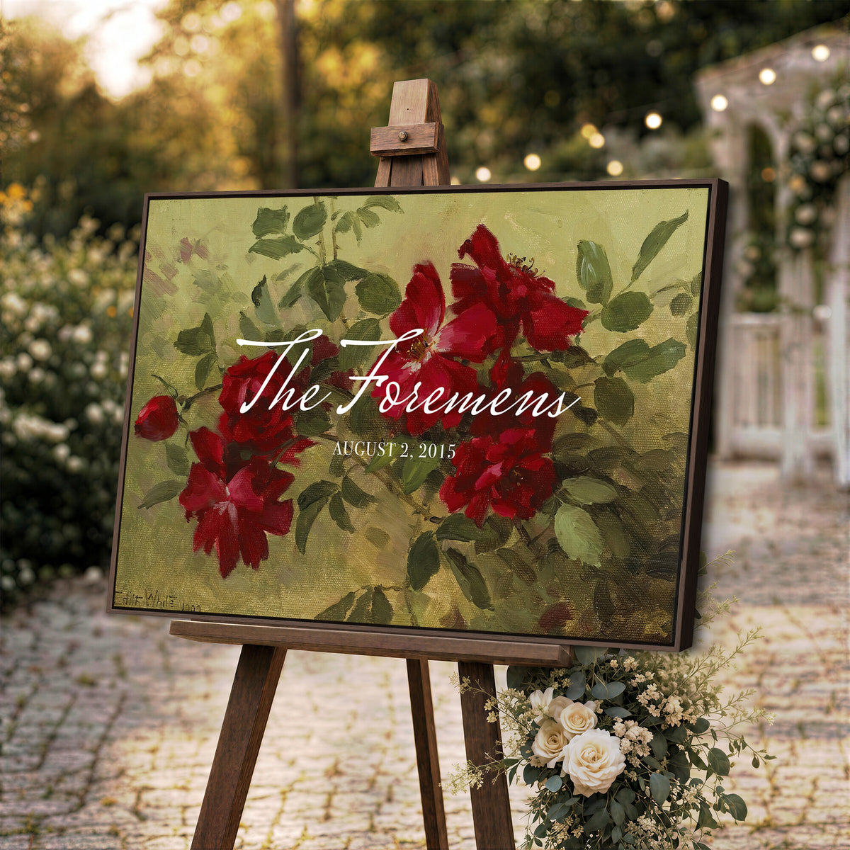 25793804-MCV-HS-36X24 - Wedding Easel Sign | Personalized Red Roses Vintage Canvas | Framed Welcome Sign for Ceremony