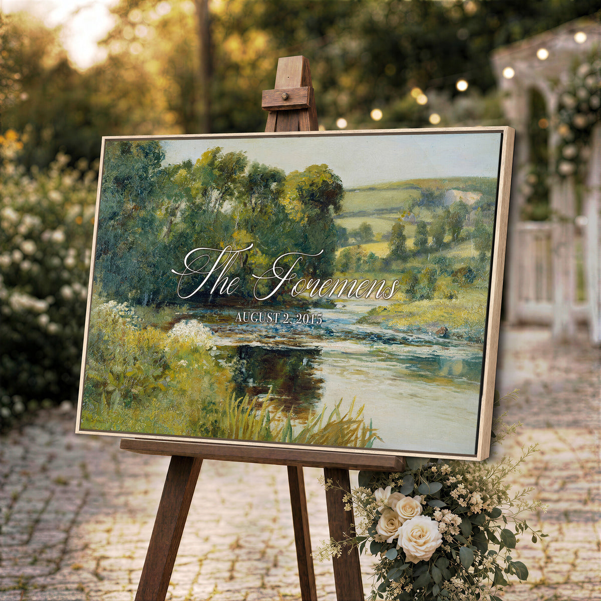 70450758-MCV-HS-36X24 - Wedding Easel Sign | Personalized Countryside Stream Vintage Canvas | Framed Welcome Sign for Ceremony