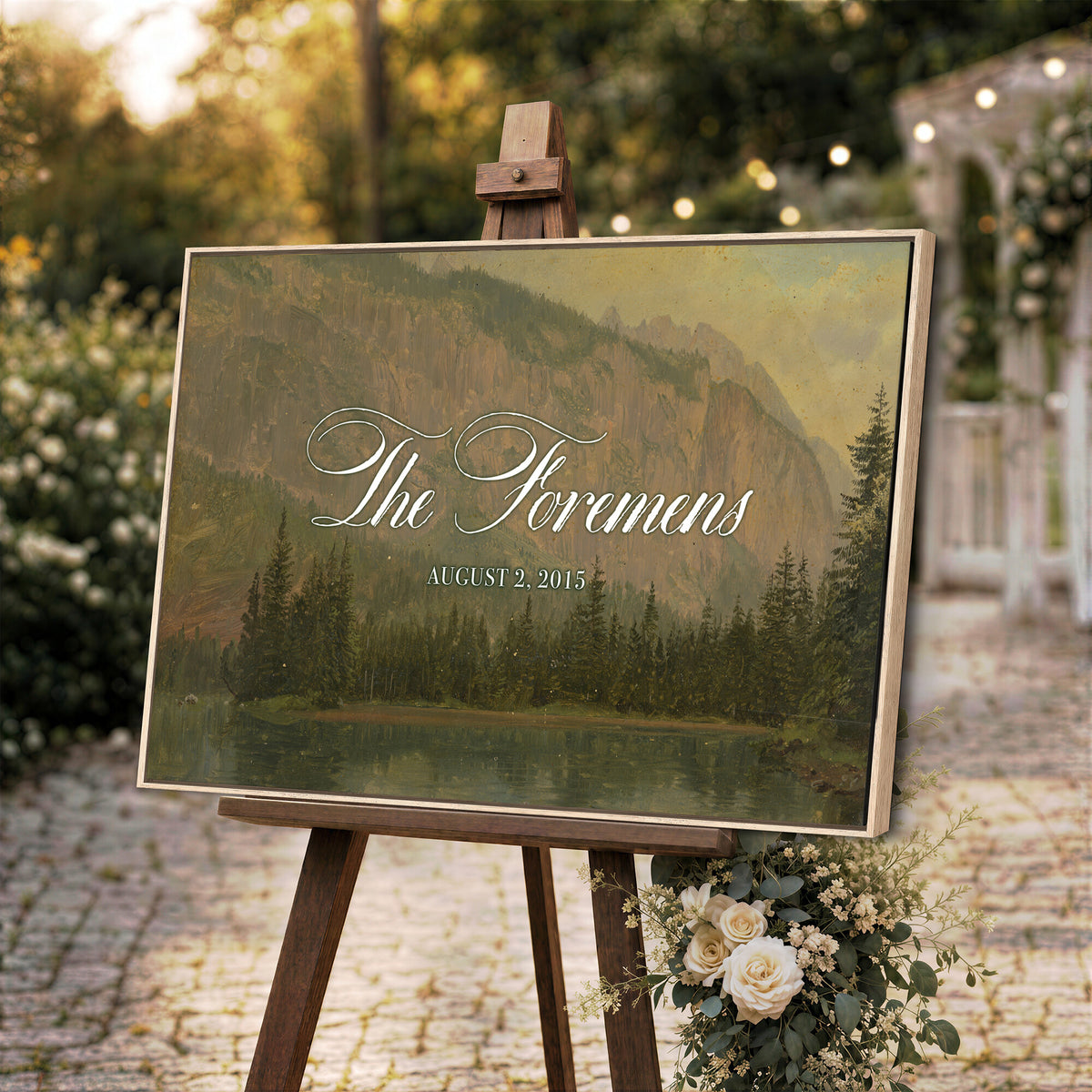 96706505-MCV-HS-36X24 - Personalized Family Name Sign | Mountain Lake Vintage Landscape Canvas | Wedding Gift