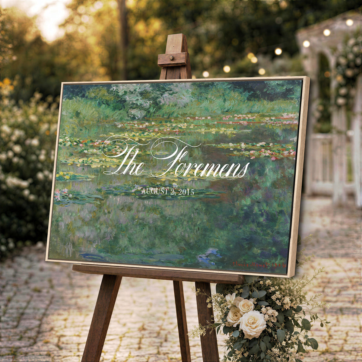 98675697-MCV-HS-36X24 - Wedding Easel Sign | Personalized Water Lily Pond Vintage Canvas | Framed Welcome Sign for Ceremony