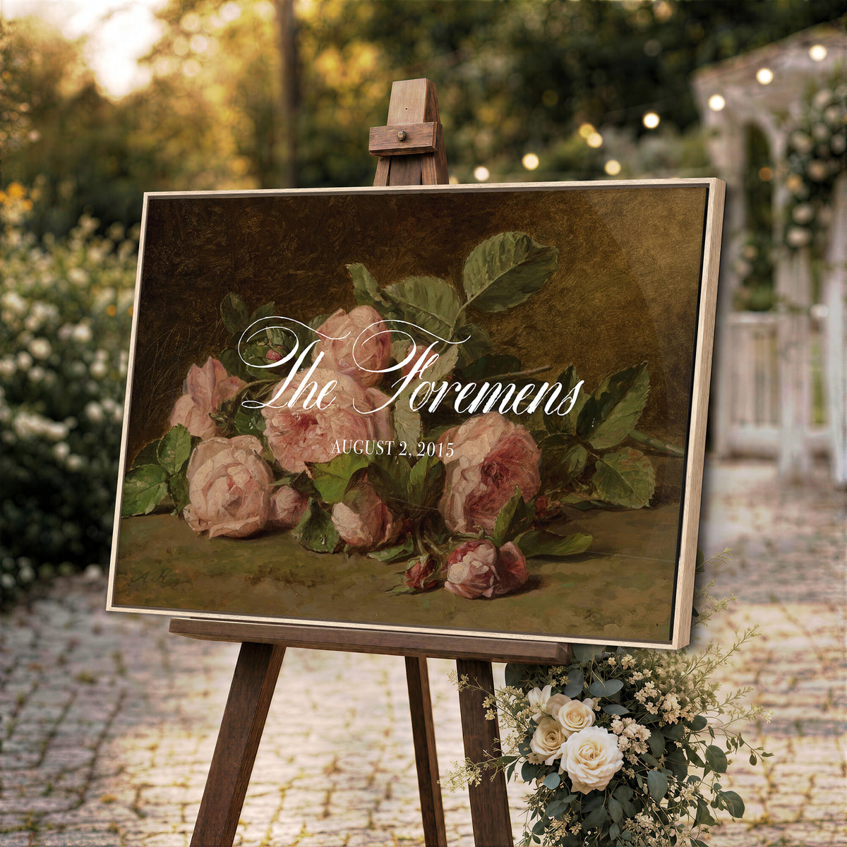 36376357-MCV-HS-36X24 - Wedding Easel Sign | Personalized Pink Roses Vintage Canvas | Framed Welcome Sign for Ceremony