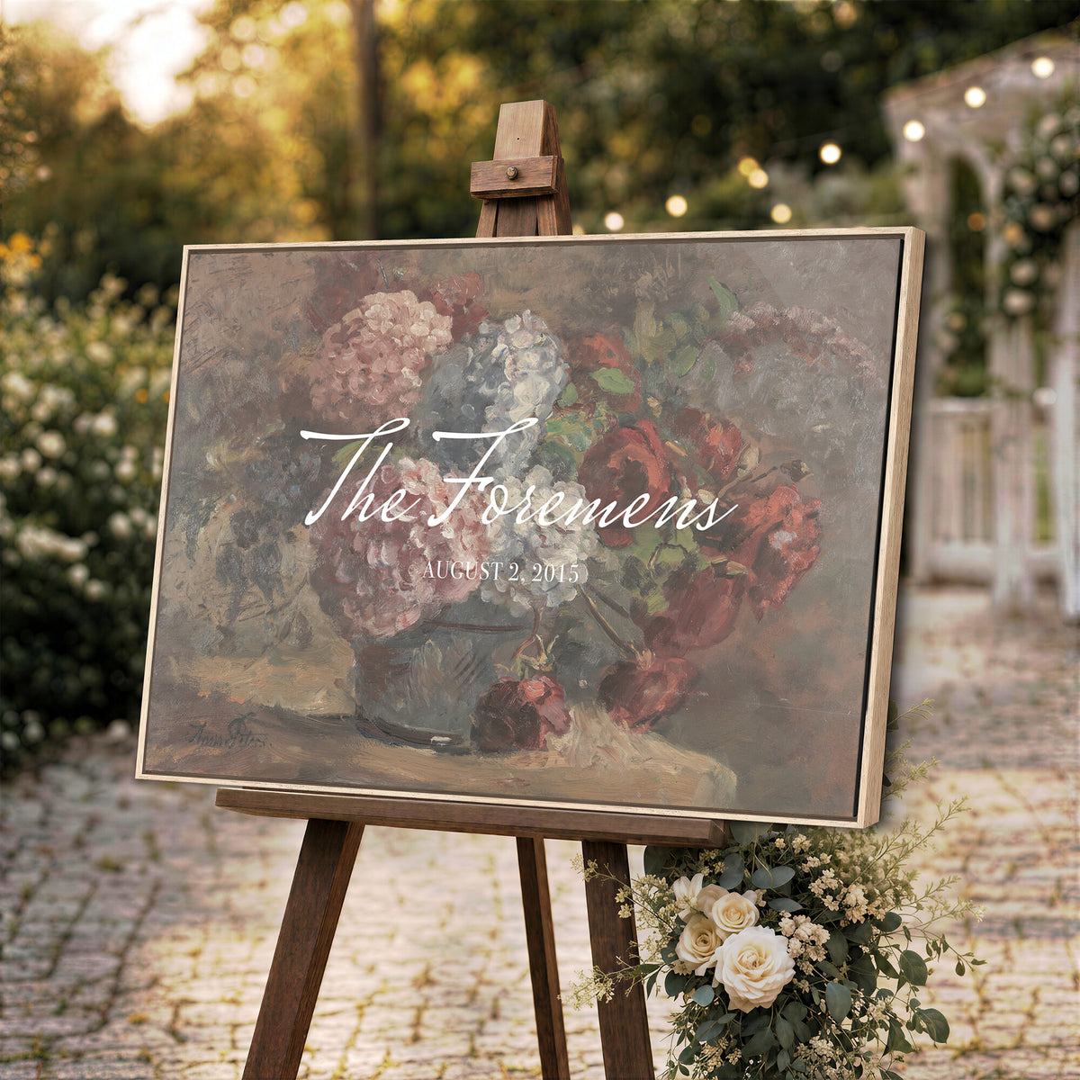 48524805-MCV-HS-36X24 - Wedding Easel Sign | Personalized Rose Bouquet Vintage Canvas | Framed Welcome Sign for Ceremony