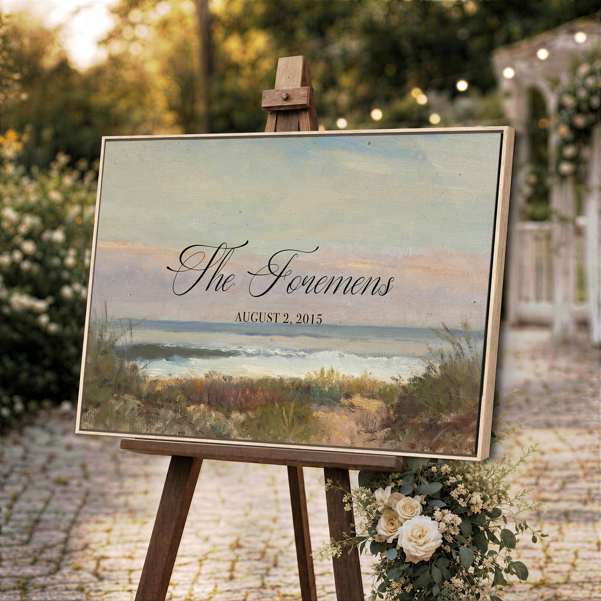 37585091-MCV-HS-36X24 - Wedding Easel Sign | Personalized Coastal Dunes Vintage Canvas | Framed Welcome Sign for Ceremony