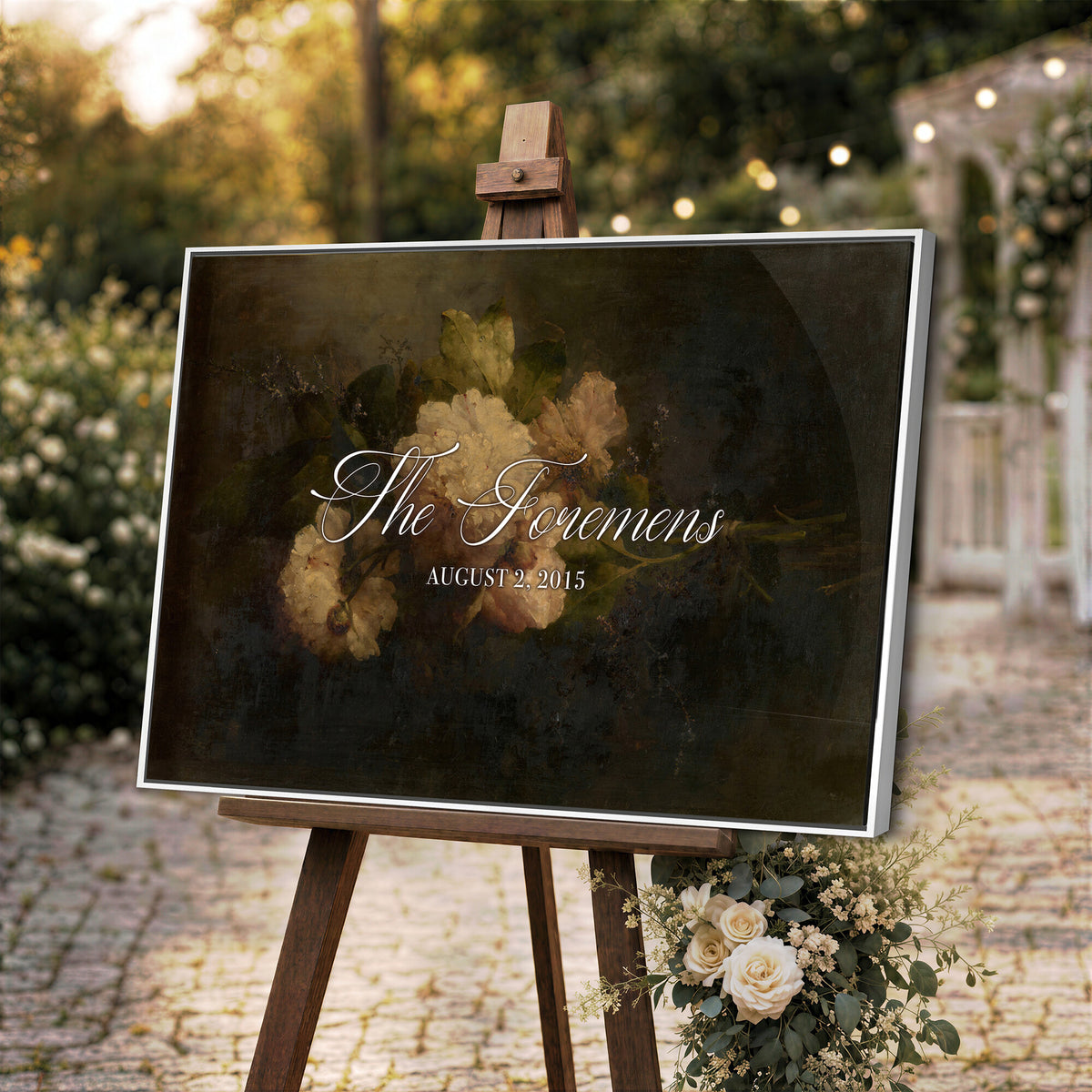 52520004-MCV-HS-36X24 - Personalized Family Name Sign | Cream Blooms Vintage Floral Canvas | Wedding Gift