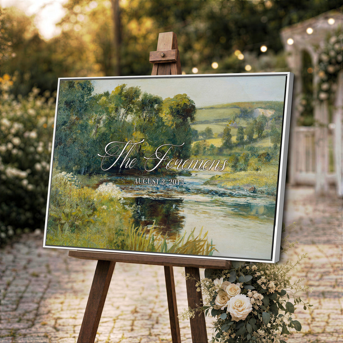 70450758-MCV-HS-36X24 - Wedding Easel Sign | Personalized Countryside Stream Vintage Canvas | Framed Welcome Sign for Ceremony