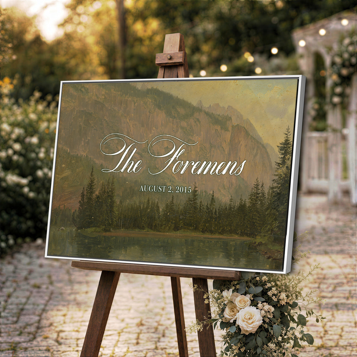 96706505-MCV-HS-36X24 - Personalized Family Name Sign | Mountain Lake Vintage Landscape Canvas | Wedding Gift
