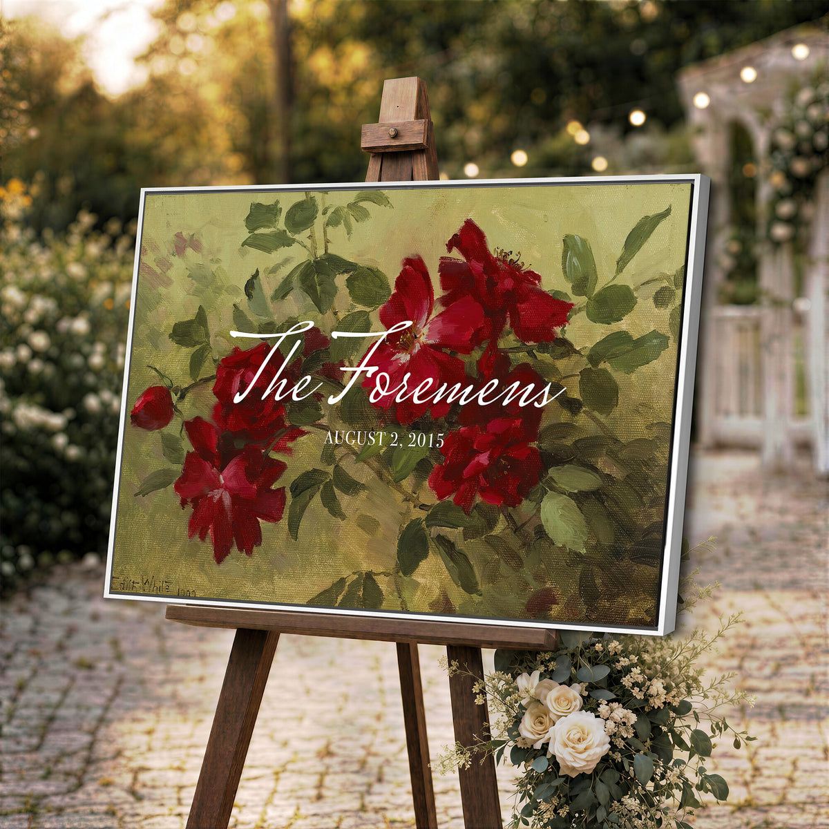 25793804-MCV-HS-36X24 - Wedding Easel Sign | Personalized Red Roses Vintage Canvas | Framed Welcome Sign for Ceremony