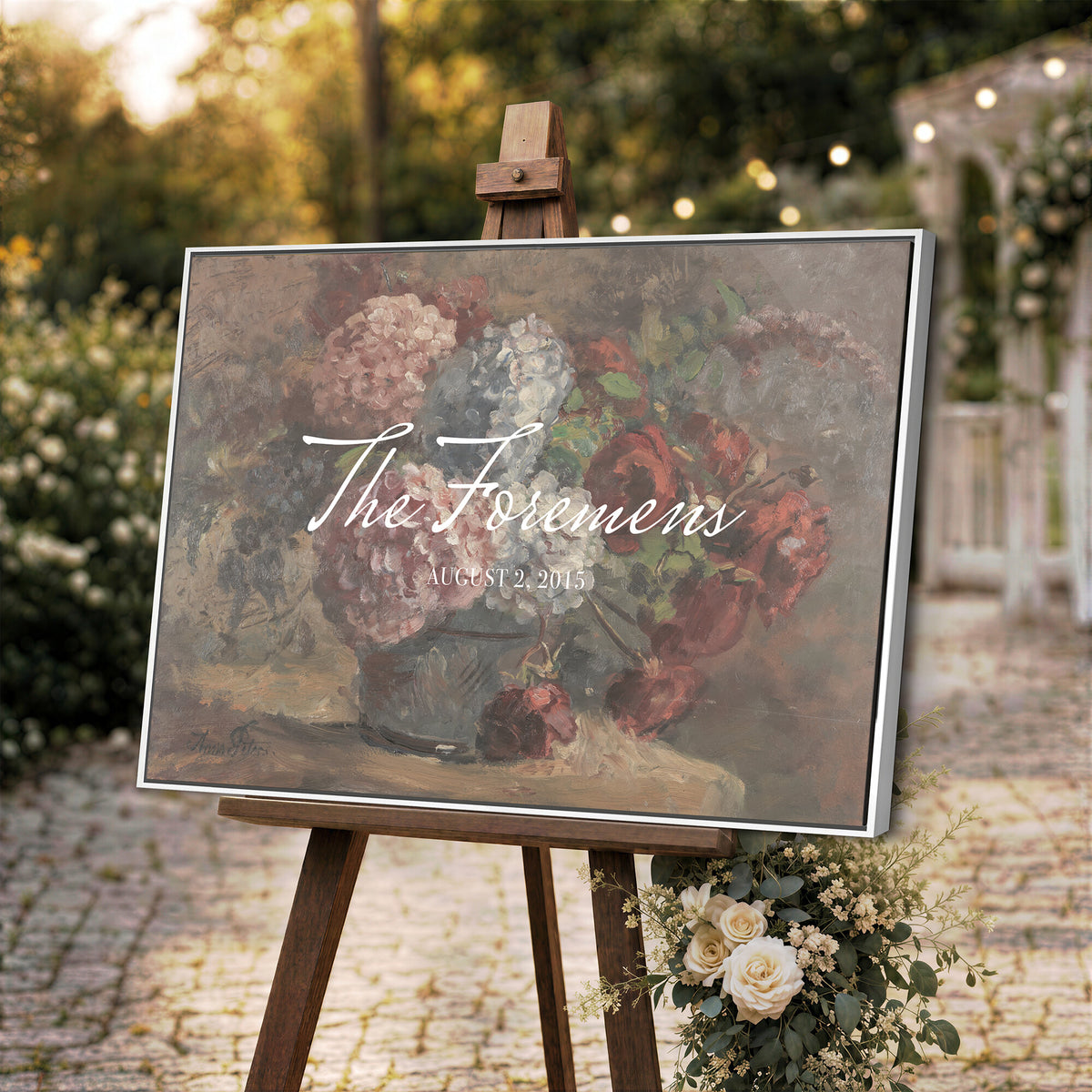 48524805-MCV-HS-36X24 - Wedding Easel Sign | Personalized Rose Bouquet Vintage Canvas | Framed Welcome Sign for Ceremony