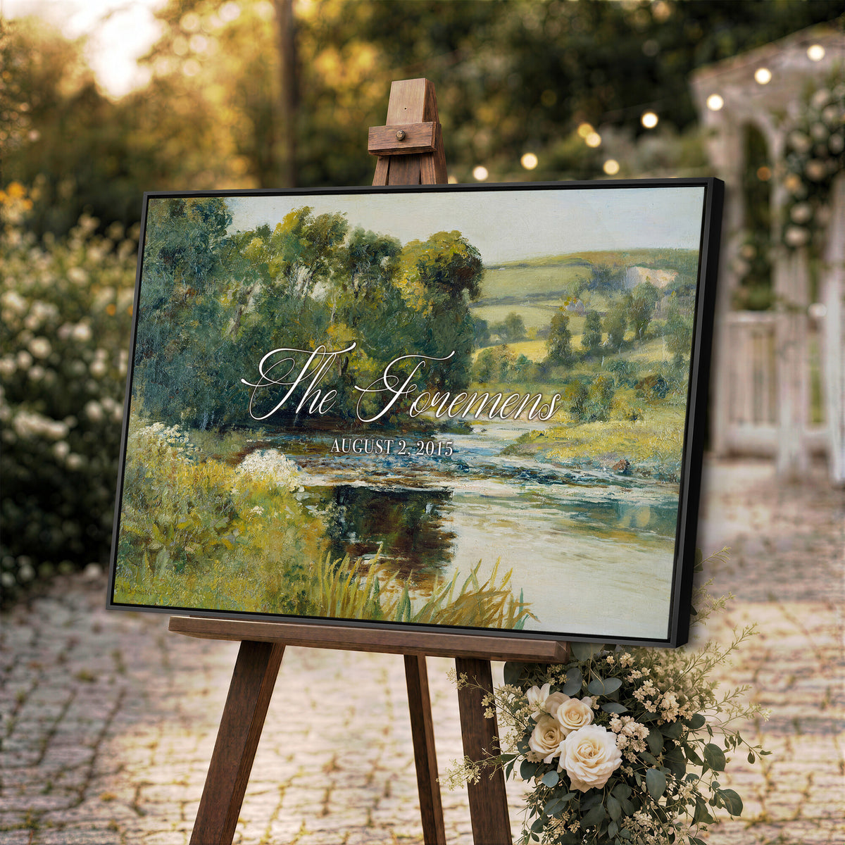 70450758-MCV-HS-36X24 - Wedding Easel Sign | Personalized Countryside Stream Vintage Canvas | Framed Welcome Sign for Ceremony