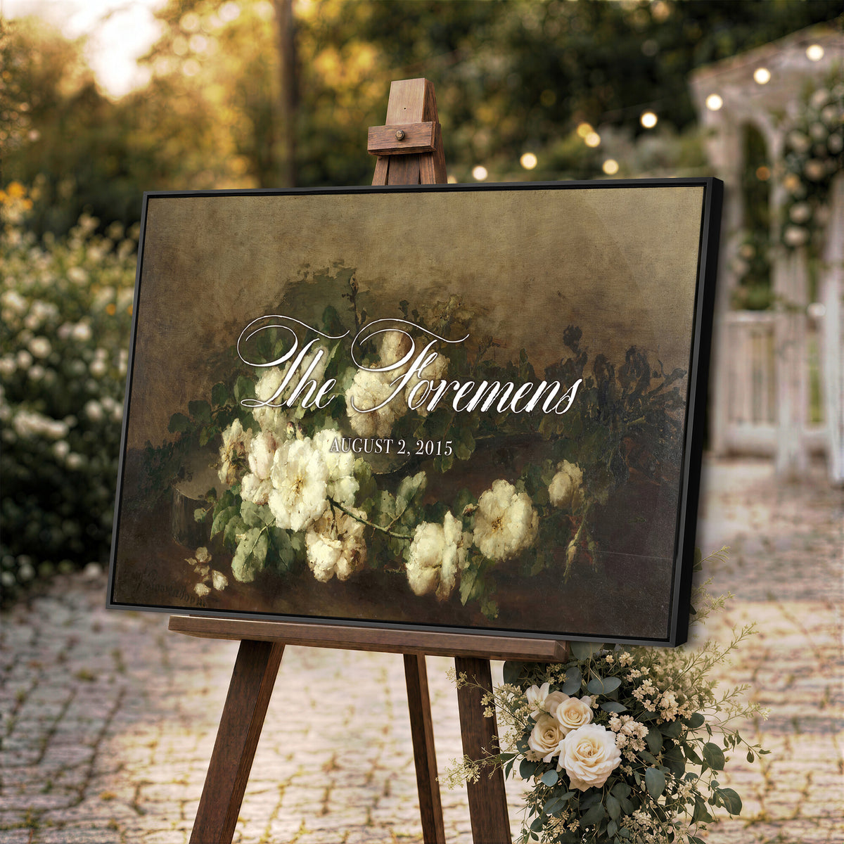 60065718-MCV-HS-36X24 - Wedding Easel Sign | Personalized White Peonies Vintage Canvas | Framed Welcome Sign for Ceremony