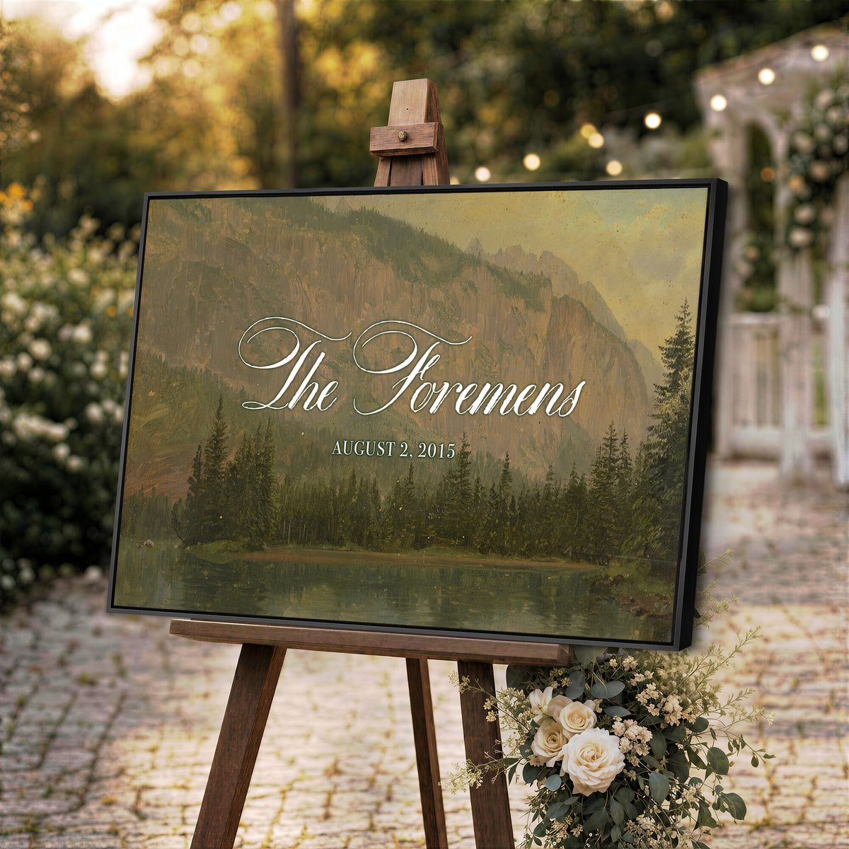 96706505-MCV-HS-36X24 - Personalized Family Name Sign | Mountain Lake Vintage Landscape Canvas | Wedding Gift