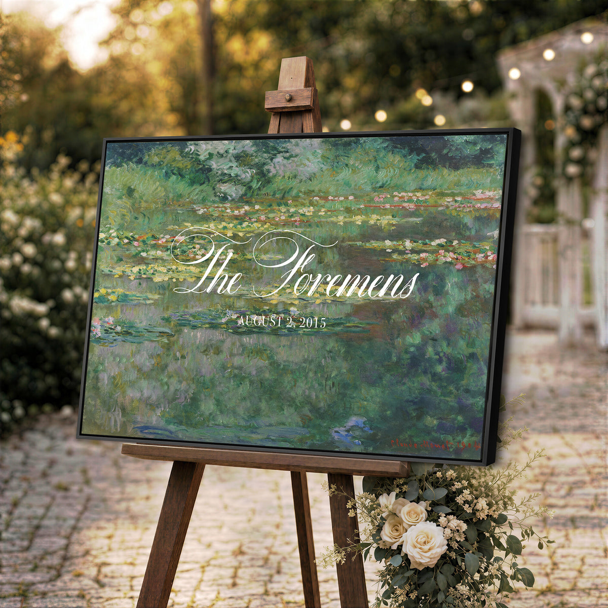 98675697-MCV-HS-36X24 - Wedding Easel Sign | Personalized Water Lily Pond Vintage Canvas | Framed Welcome Sign for Ceremony