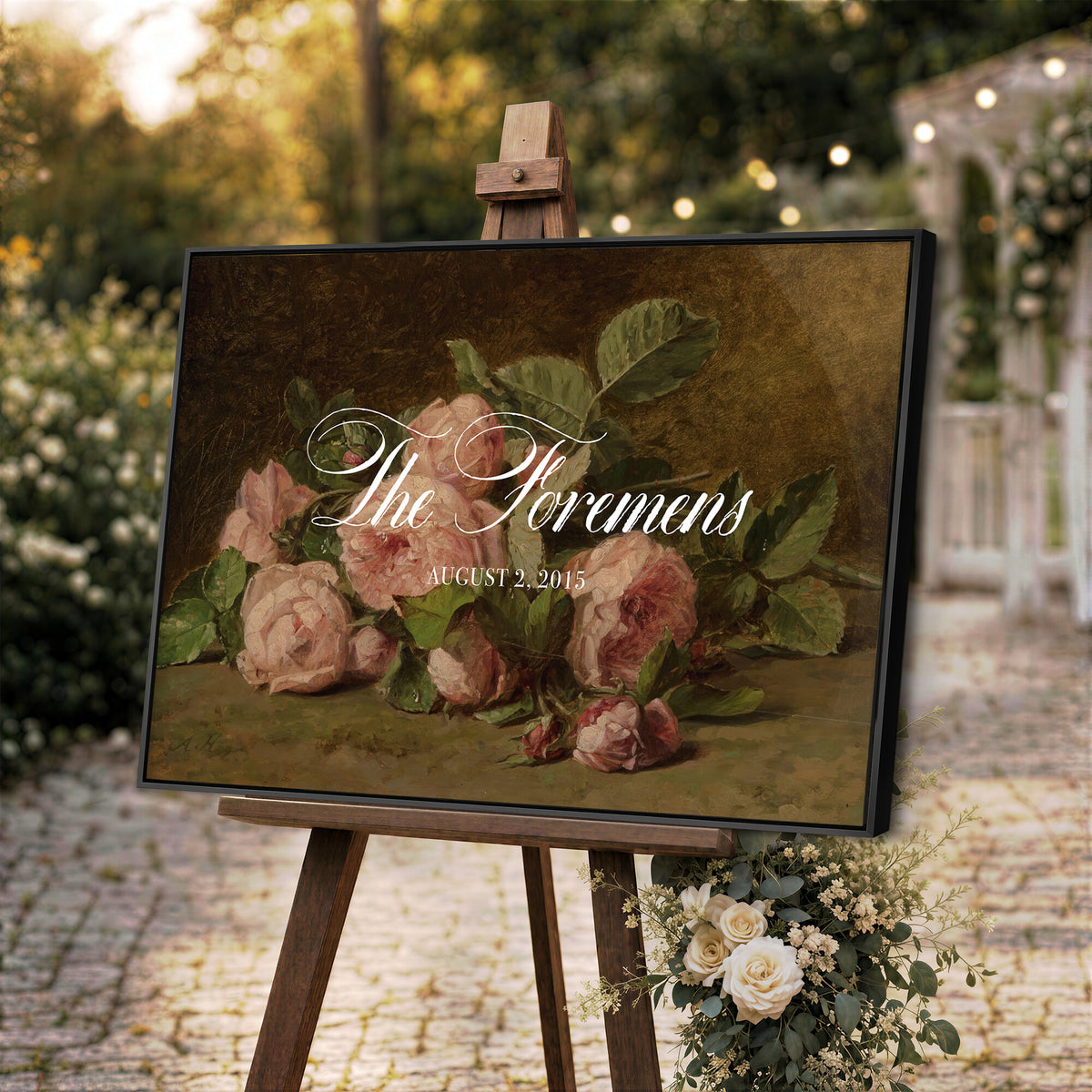 36376357-MCV-HS-36X24 - Wedding Easel Sign | Personalized Pink Roses Vintage Canvas | Framed Welcome Sign for Ceremony