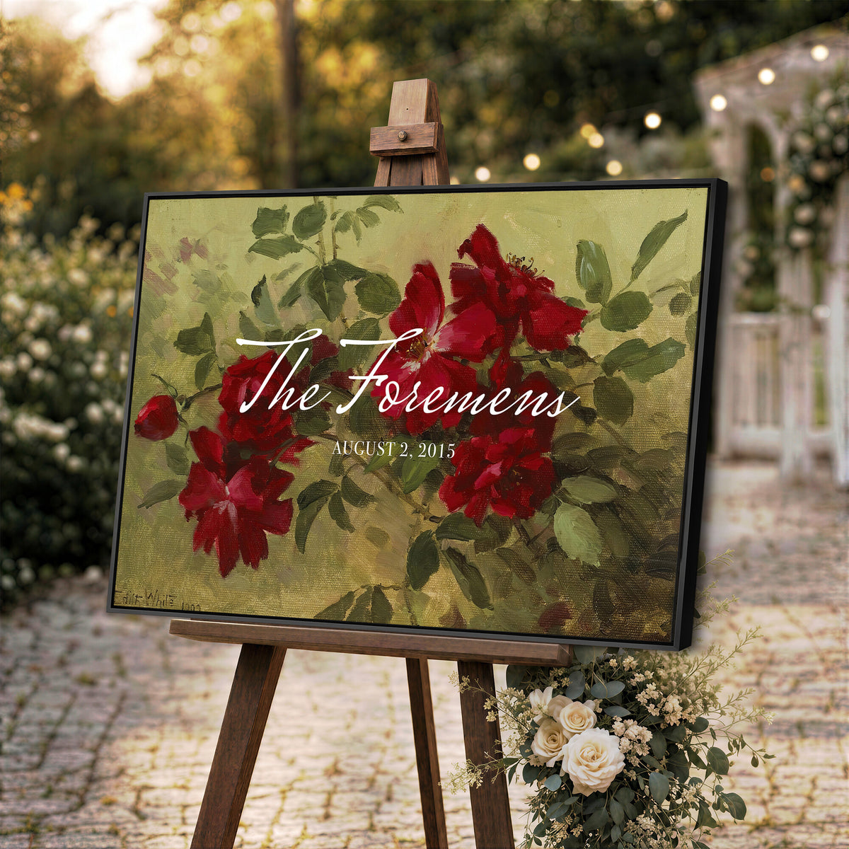 25793804-MCV-HS-36X24 - Wedding Easel Sign | Personalized Red Roses Vintage Canvas | Framed Welcome Sign for Ceremony