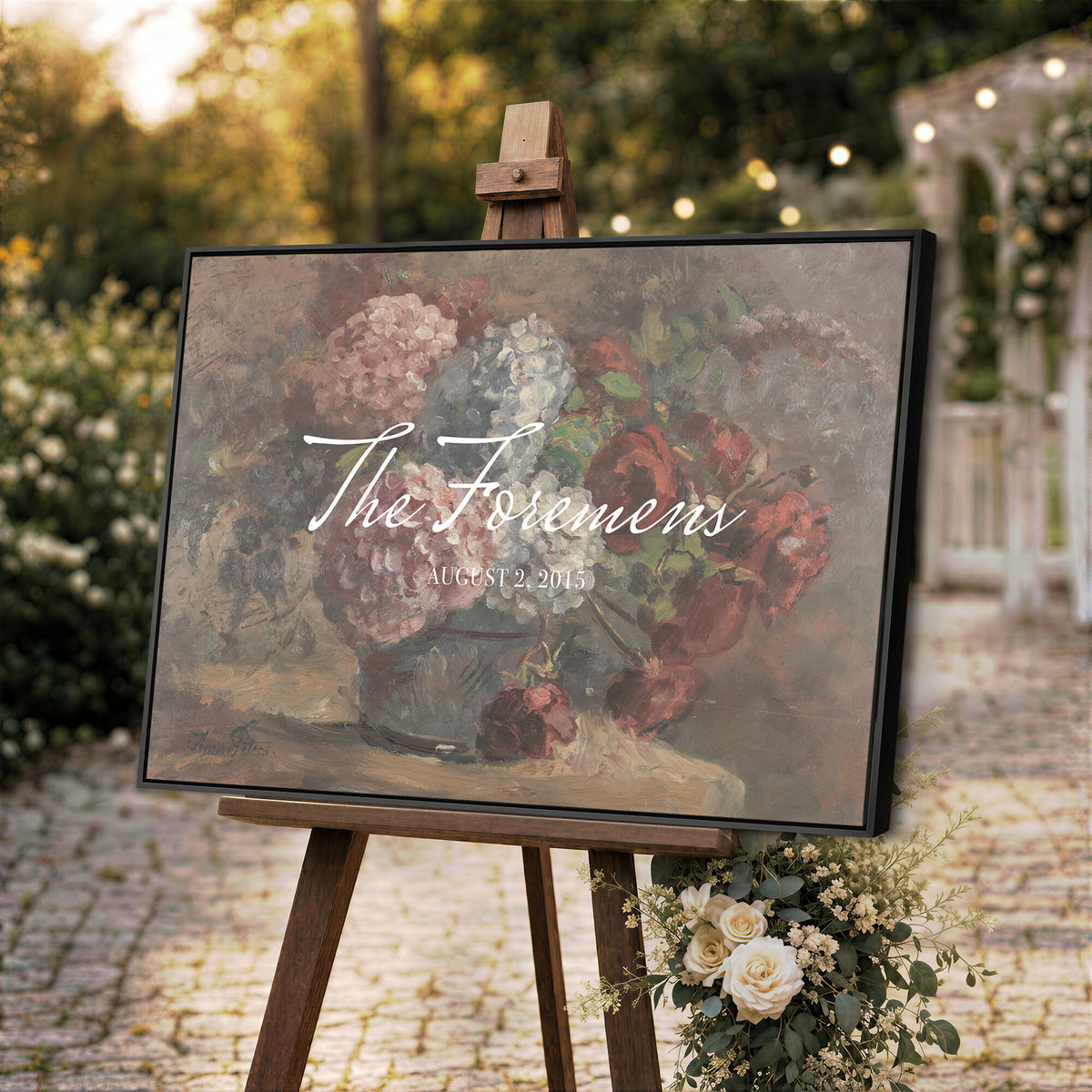 48524805-MCV-HS-36X24 - Wedding Easel Sign | Personalized Rose Bouquet Vintage Canvas | Framed Welcome Sign for Ceremony